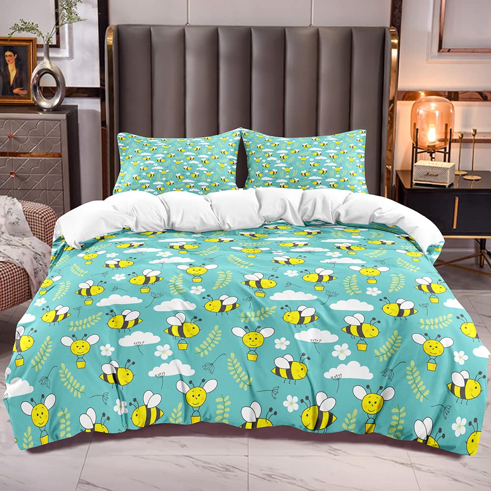 Absorbent Cute Bee White Cloud Print Twin Duvet Cover Set for Kids - Soft Microfiber Bedding with 1 Pillow Sham, Leaf Floral Bee Design | Perfect for Boys & Girls Bedrooms, Nursery Decor, and Cozy Sleep