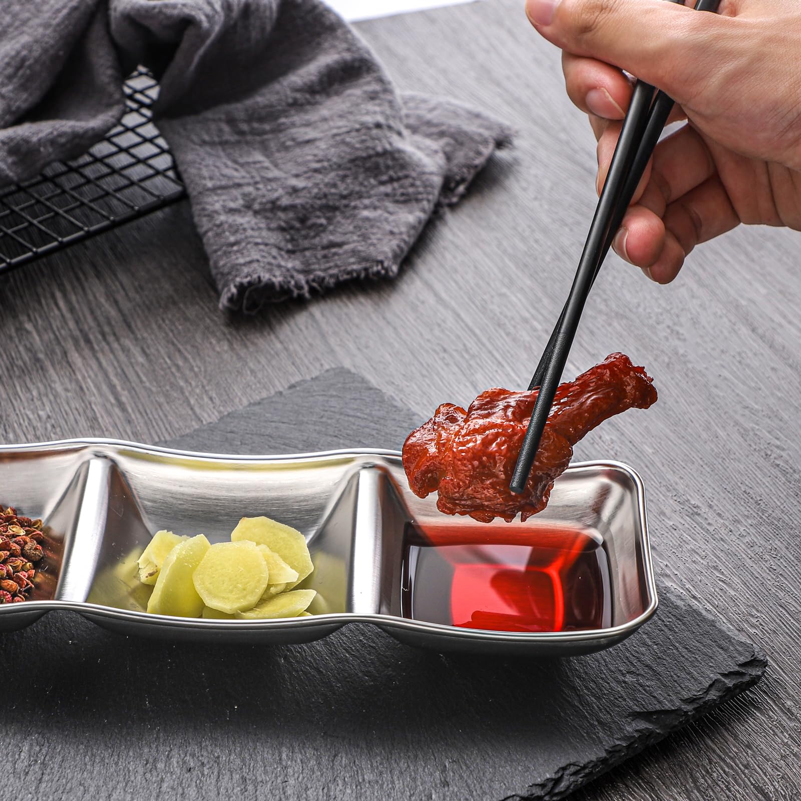 6-Piece Stainless Steel Divided Sauce Bowls - 3 Compartment Dipping Dishes for Soy Sauce, Ketchup, Seasoning - Perfect for Sushi, Dumplings, Hot Pot & Asian Cuisine
