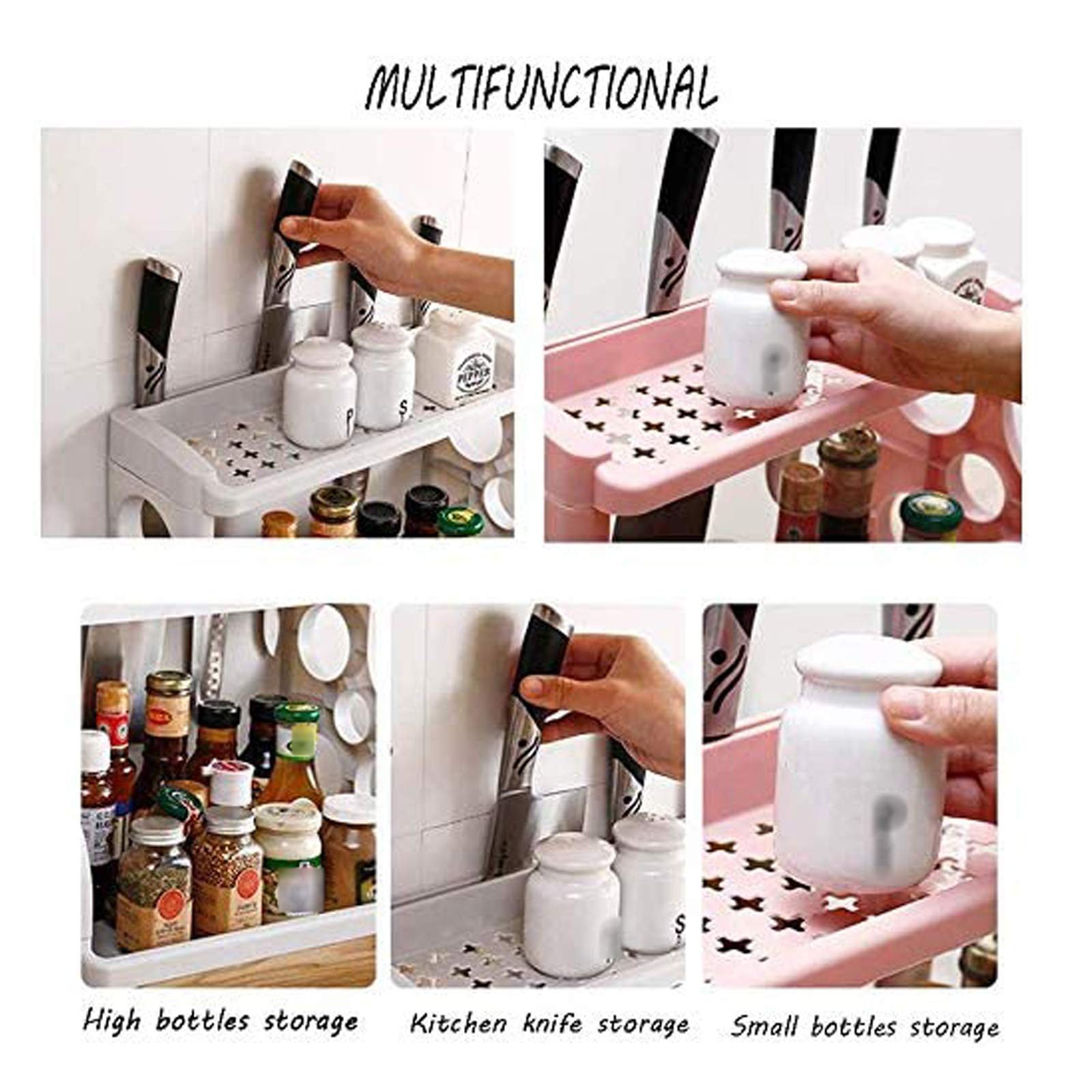 2-Tier Spice Rack Organizer - Space Saving Kitchen Countertop Storage for Spice Jars, Bottles & Cans - Free Standing Spice Holder for Pantry, Cabinet or Counter - Perfect for Small Kitchens & Organized Cooking (Pink)