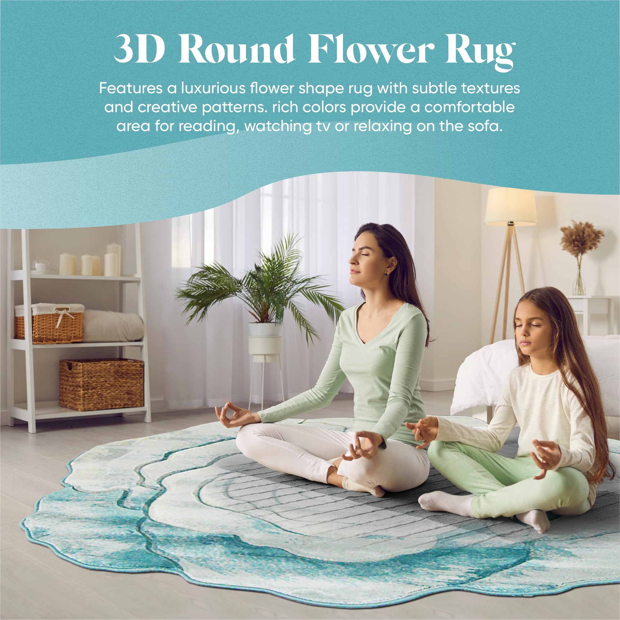 6ft Round Rose Flower Shaped Plush Area Rug - Soft Girly Circle Carpet for Bedroom, Living Room Floor Decor | Blue 304 | Perfect for Boho Chic Home, Nursery & Dorm Room