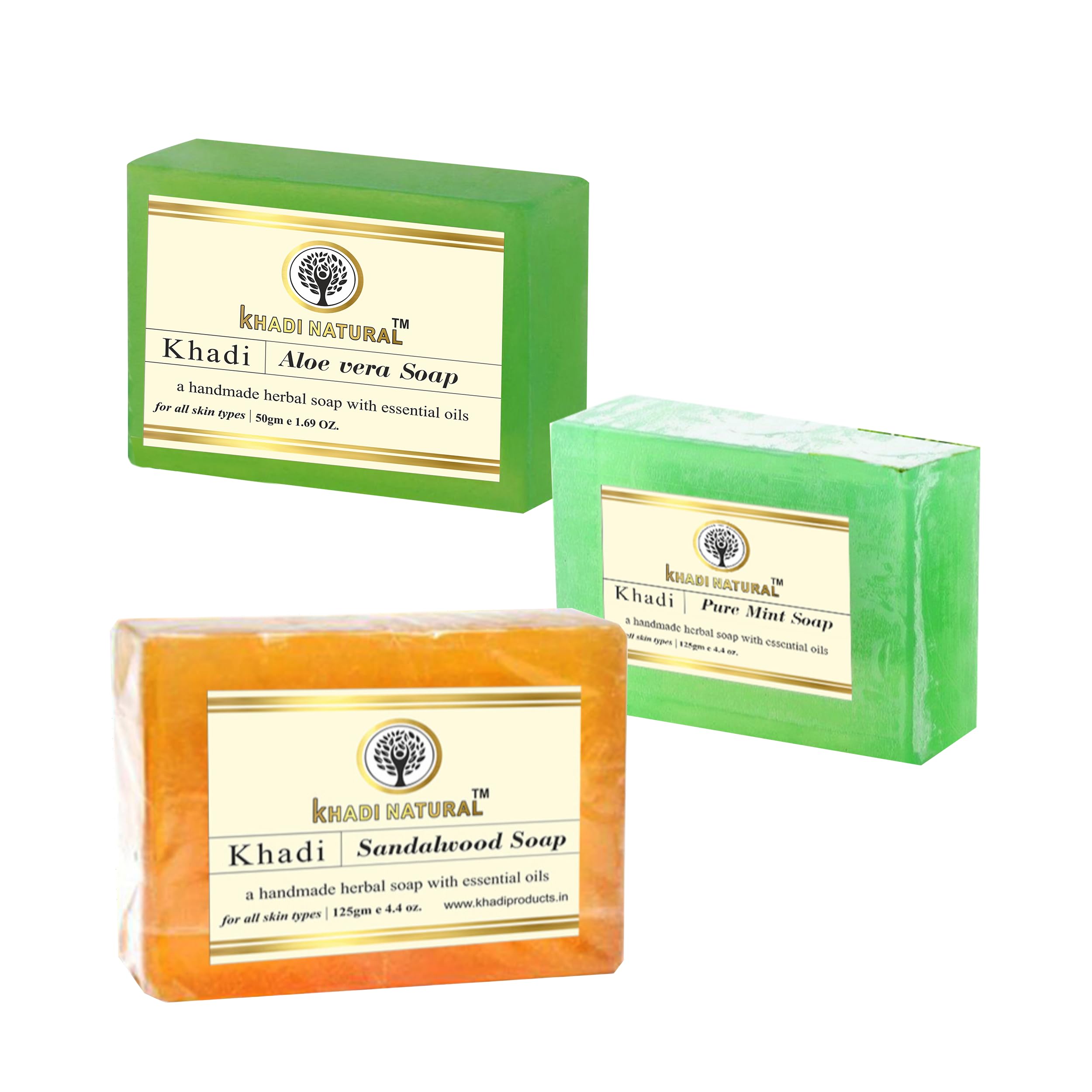 Khadi Natural Handmade Herbal Soap Bar Pack - Organic Essential Oils for Healthy & Soft Skin - 3-Piece Gift Set (125g Each, Pure Mint Aloe Vera Sandalwood) - Perfect for Spa Day, Sensitive Skin Care & Eco-Friendly Bathing