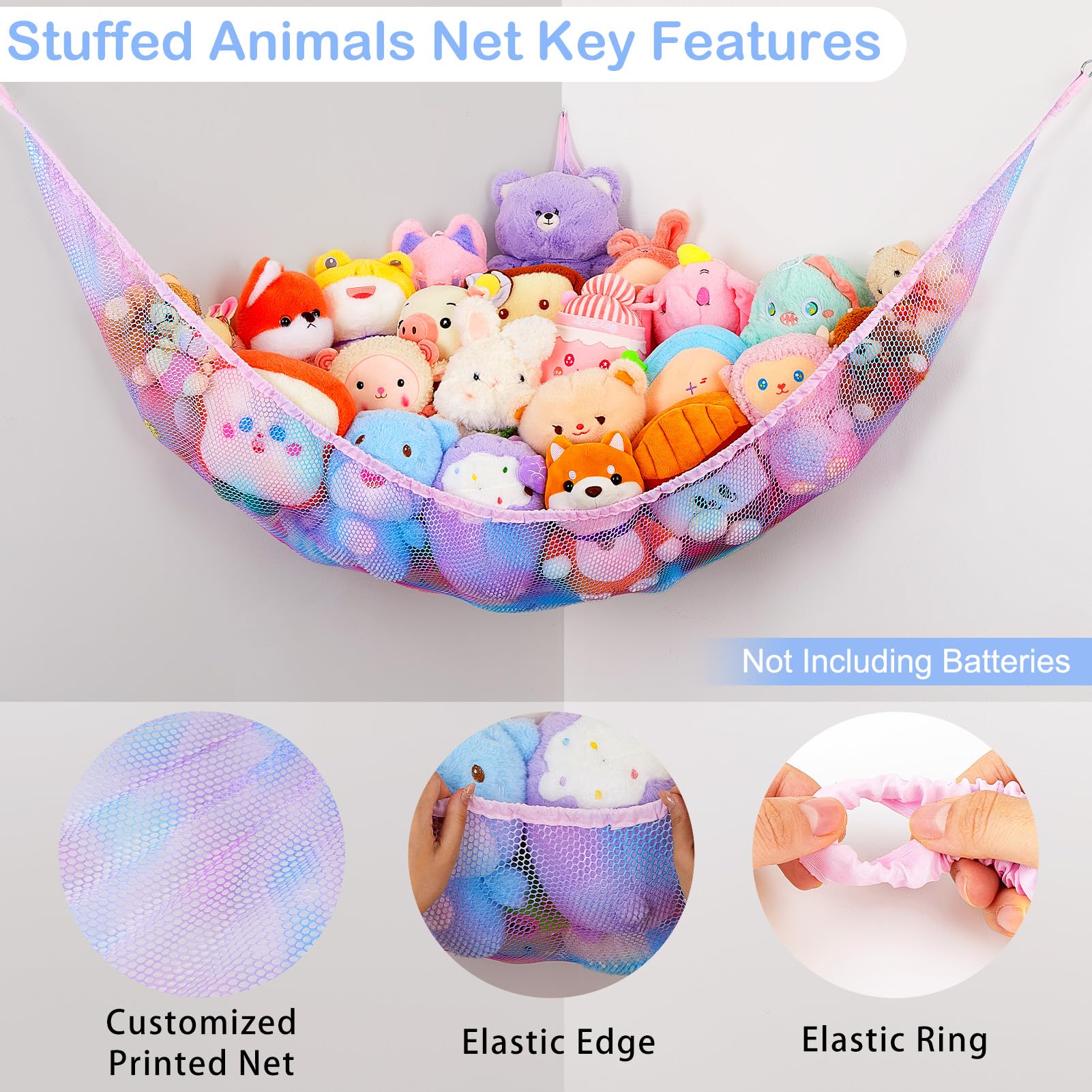 **Basumee LED Stuffed Animal Hammock with Remote Control - 8 Color Changing Lights, Hanging Toy Storage Net for Kids Room & Nursery - Perfect for Organizing Plush Toys, Stuffed Animals & Soft Toys**