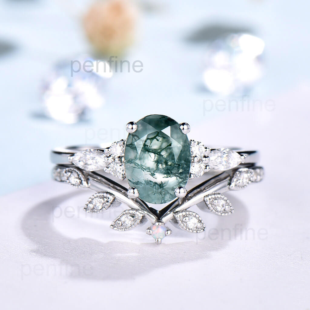 Oval Moss Agate Engagement Ring Set with Moissanite Stones - Vintage Inspired Bridal Jewelry for Weddings & Anniversaries