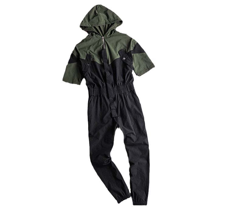 MQMYJSP Men's Hip Hop Loose Hooded Jumpsuit - Short Sleeve Summer Streetwear Casual Overalls Jogger Pants for Urban Fashion & Street Style | Perfect for Music Festivals, Street Dance, and Hip Hop Culture