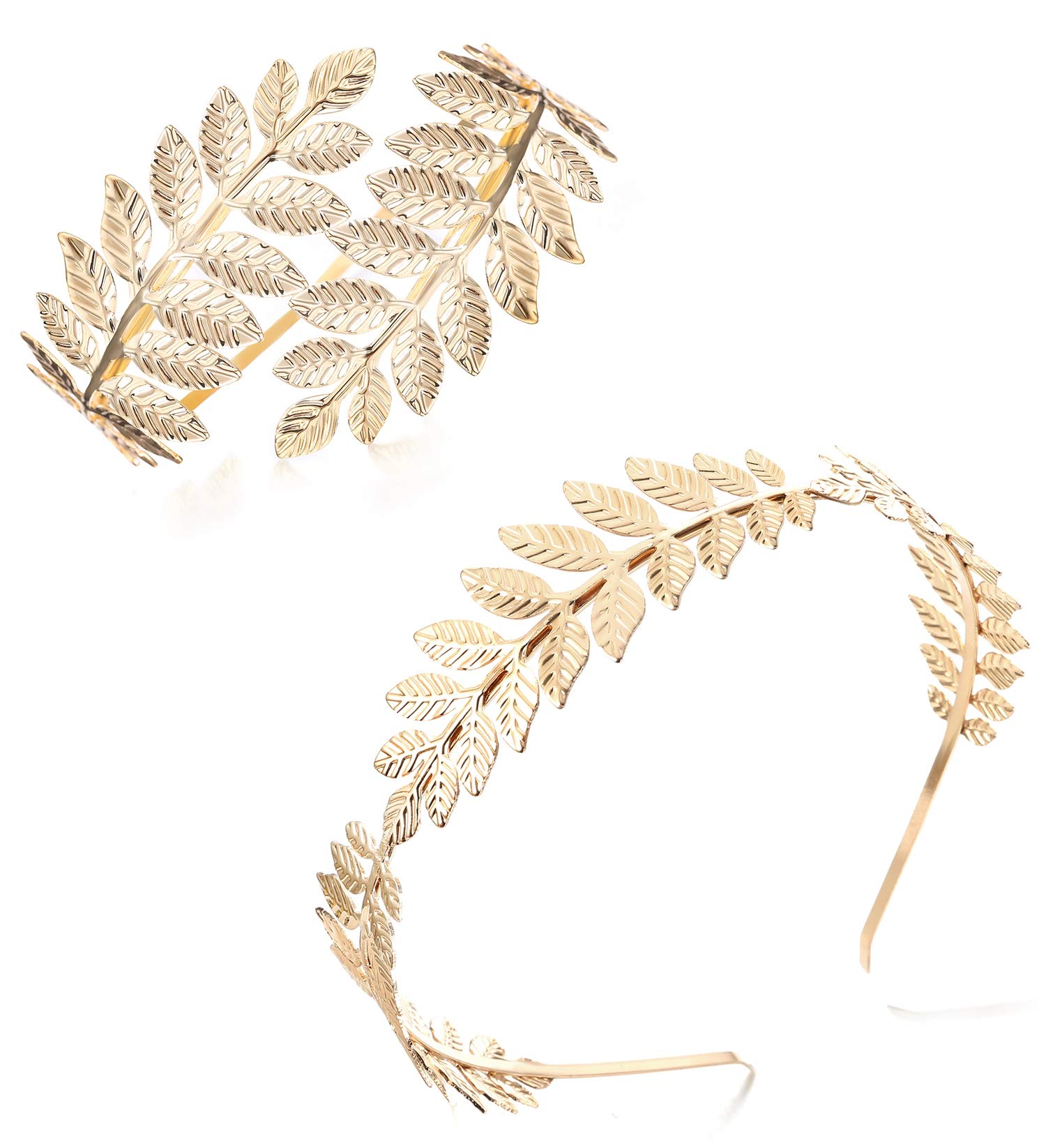 FINREZIO Greek Goddess Headband & Arm Cuff Set - Roman Laurel Leaf Crown & Adjustable Armlet Bracelet for Bridal, Wedding, Cosplay & Festival Costume Accessories