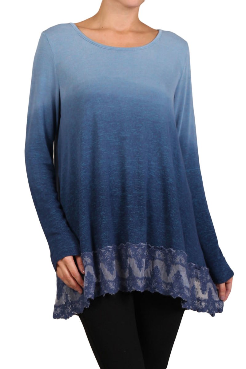 HEYHUN Women's Ombre Long Sleeve Knit Tunic Top with Crochet Patch - Stylish Boho Blouse for Casual Wear, Layering & Fall Fashion