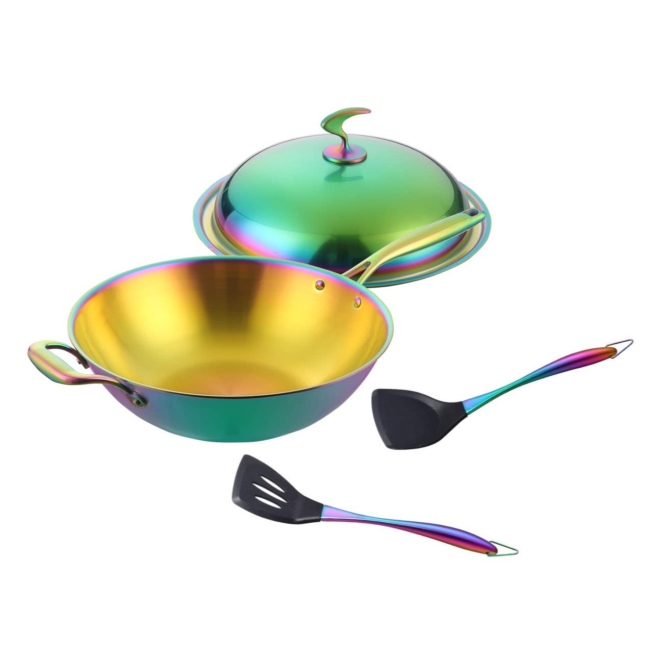 Color ME! 12 Inch 18/8 Stainless Steel Wok & Stir Fry Pan with Lid - Tri-Ply Clad Nonstick Frying Pan - Dishwasher Safe Cookware - Rainbow Color - Perfect for Asian Cooking, Stir-Frying & Healthy Meal Prep