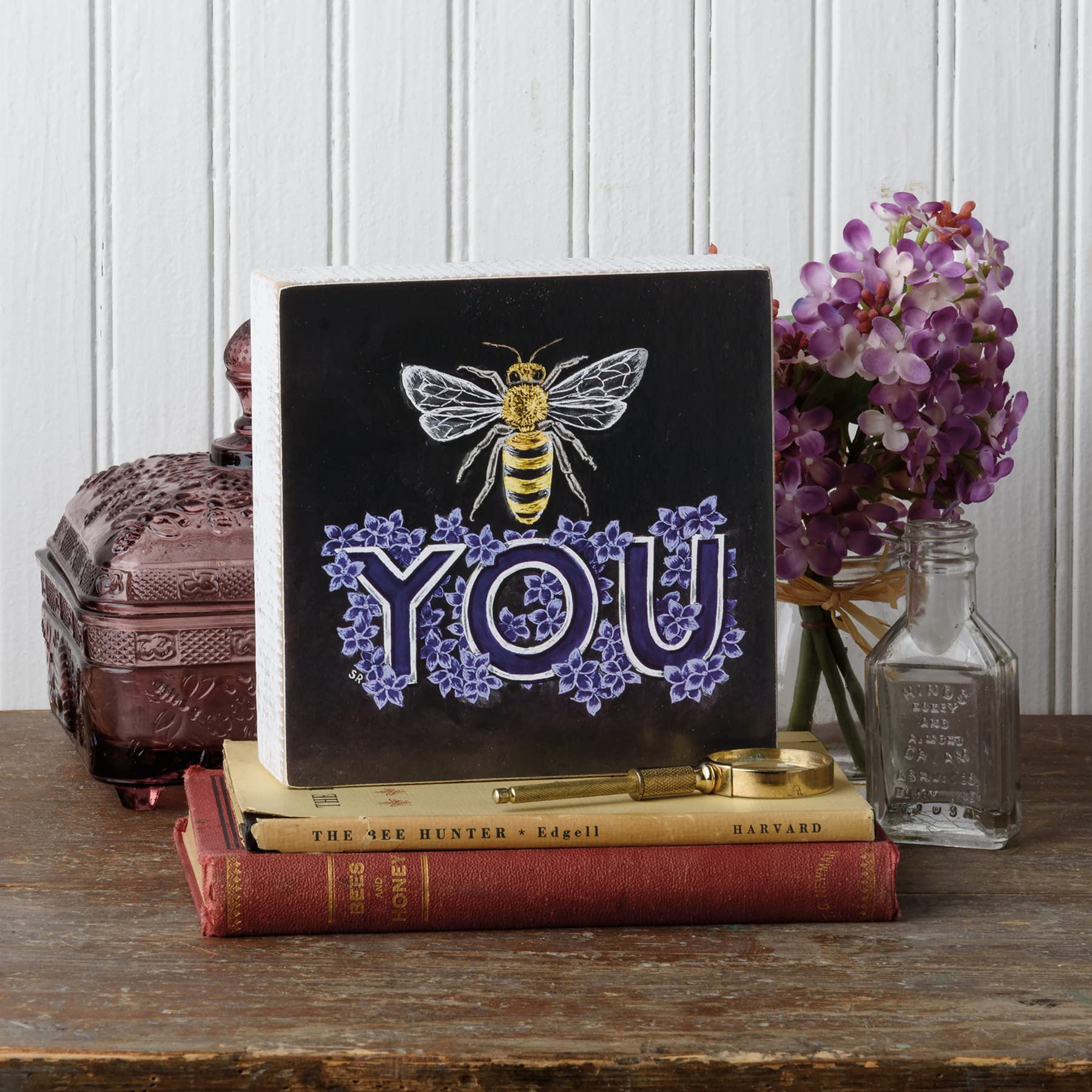 Primitives by Kathy 112496 Bee You Chalk Sign - 6-inch Square Wood & Paper Wall Decor - Perfect for Farmhouse Kitchens, Rustic Home Decor & Gift Giving