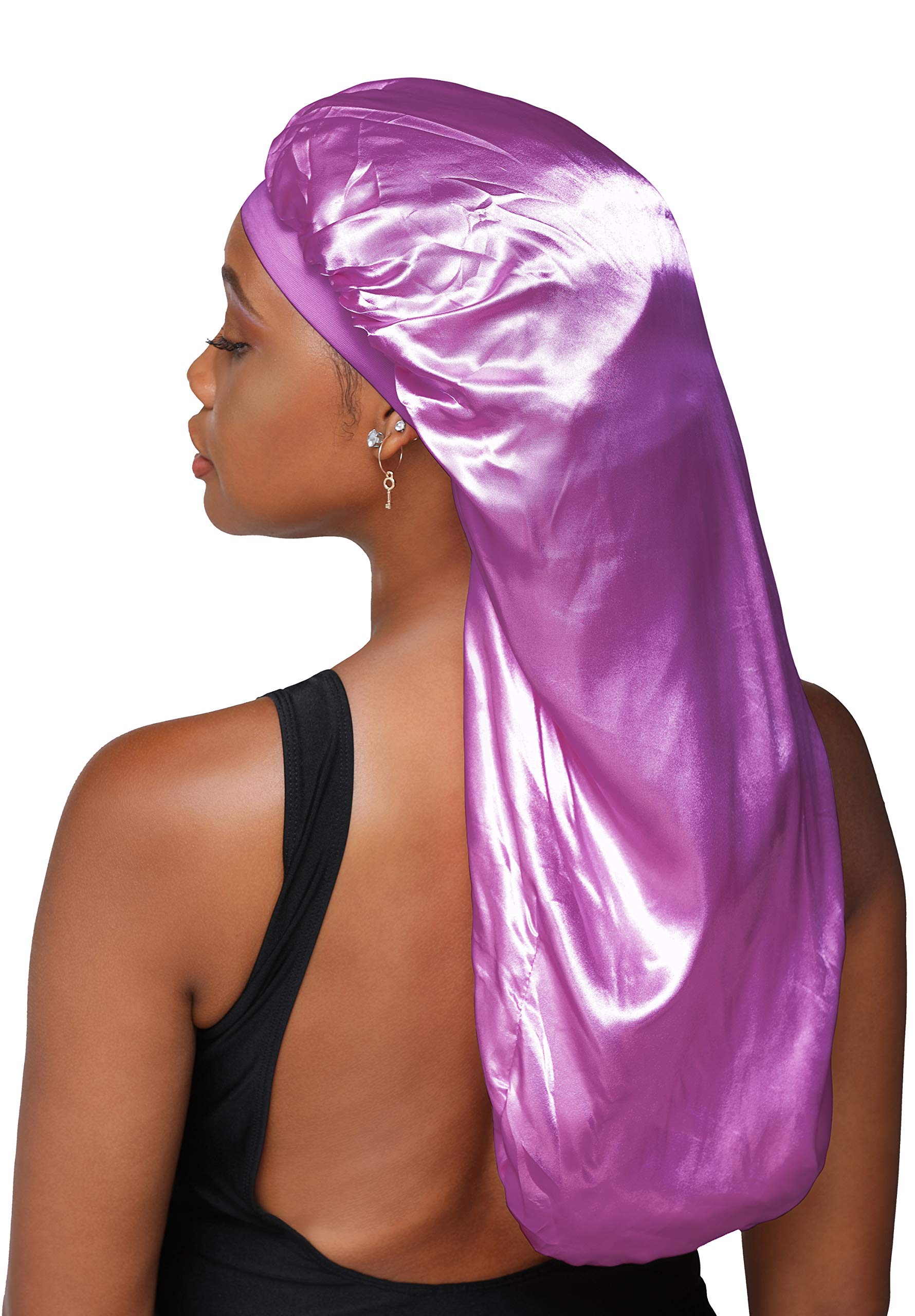 Double Layered Satin Long Bonnet for Women - Sleep & Protective Hair Cover for Braids, Dreadlocks, Wigs & Natural Hair with Free Satin Scrunchie (Purple) - Perfect for Nighttime, Travel & Hair Care Routine