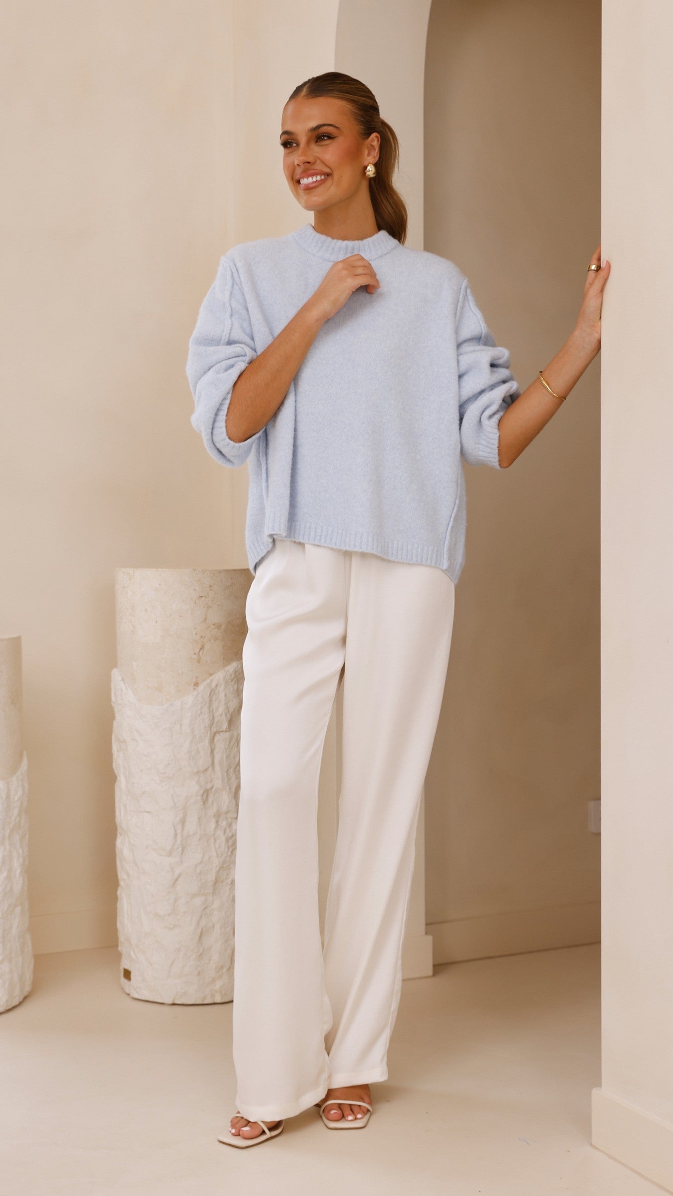 Ally Knit Sweater Women's Blue Crewneck Pullover - Perfect for Fall Fashion & Casual Outfits