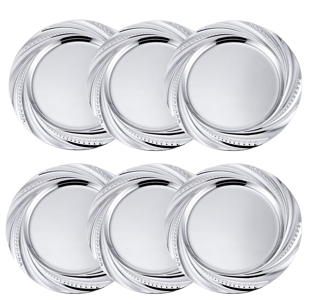 Oncefirst 6-Piece Round Beaded Silver Charger Plates Set - 9.4 Inch Decorative Dinner Plates for Wedding, Party & Holiday Table Decor - Elegant Service Plates for Dining Table Centerpieces