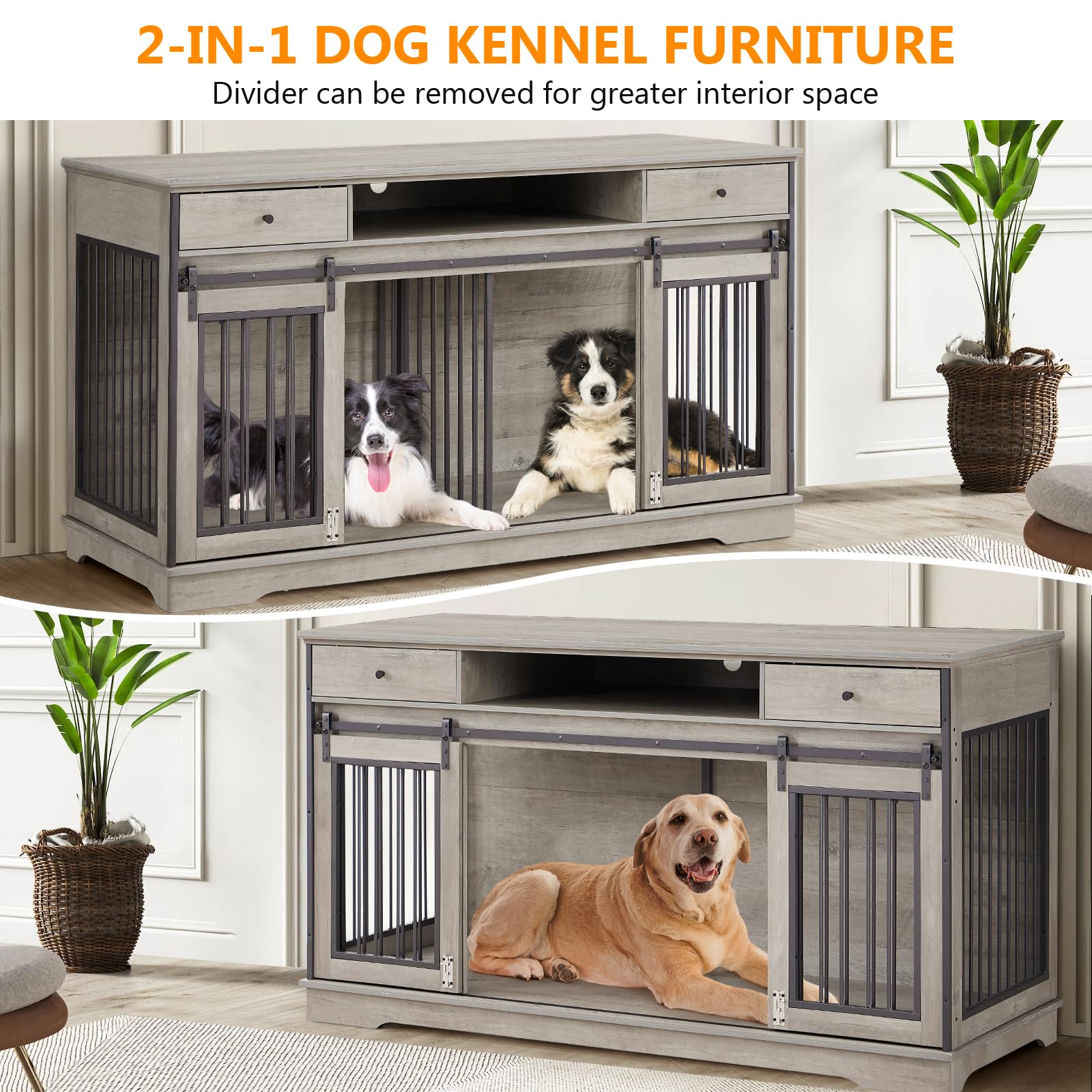 3-in-1 Double Dog Crate Furniture - 66.1 Inch Grey Durable Pet Kennel with Divider for 2 Dogs, Multifunctional TV Stand with 2 Drawers & Sliding Doors - Perfect for Living Room, Bedroom or Home Office Pet Space