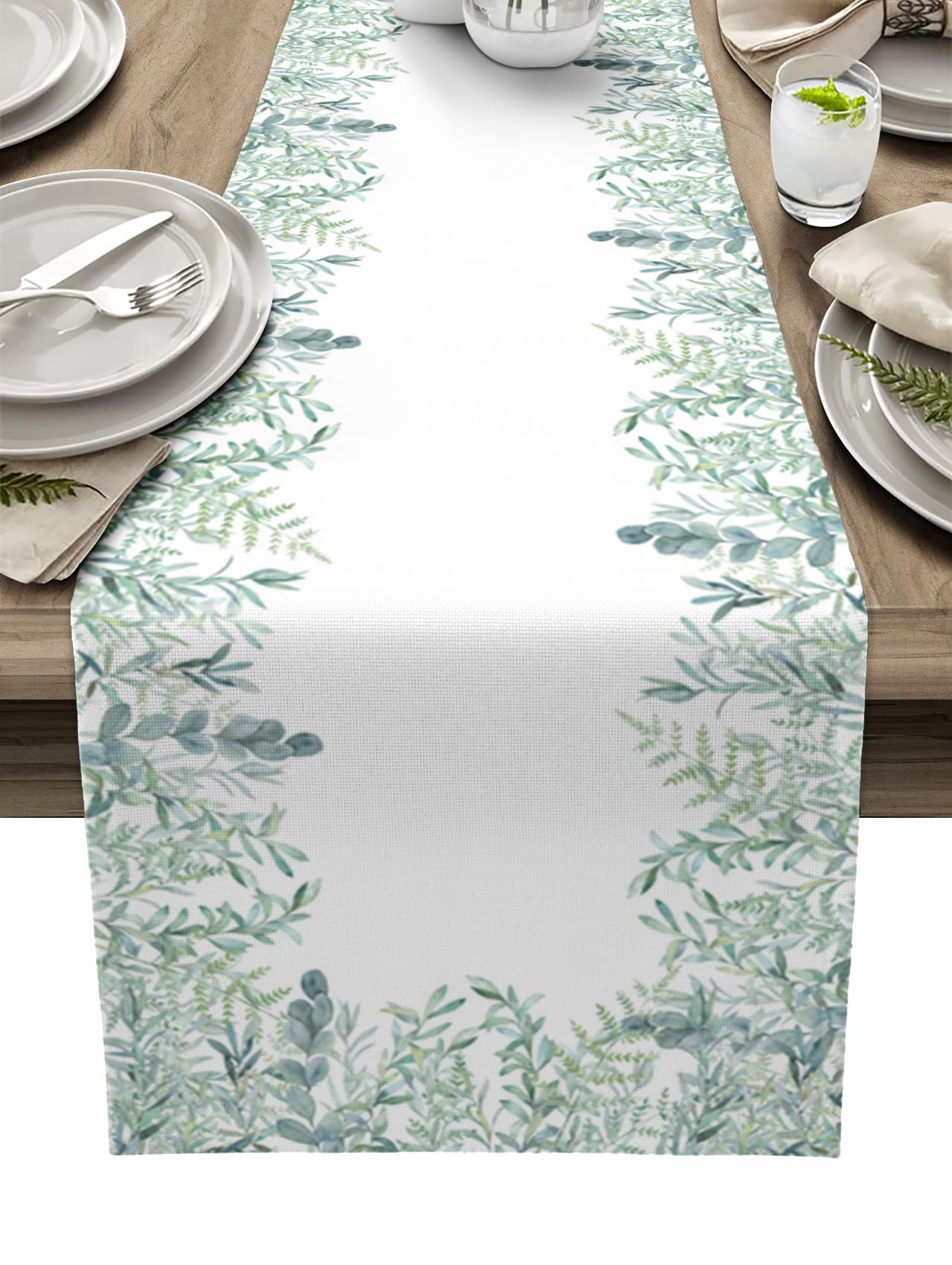 36-inch Cotton Linen Table Runner - Eucalyptus Green Leaf Abstract Design for Dining Table, Kitchen, Bedroom Dresser | Decorative Tablecloth & Scarf for Home Decor