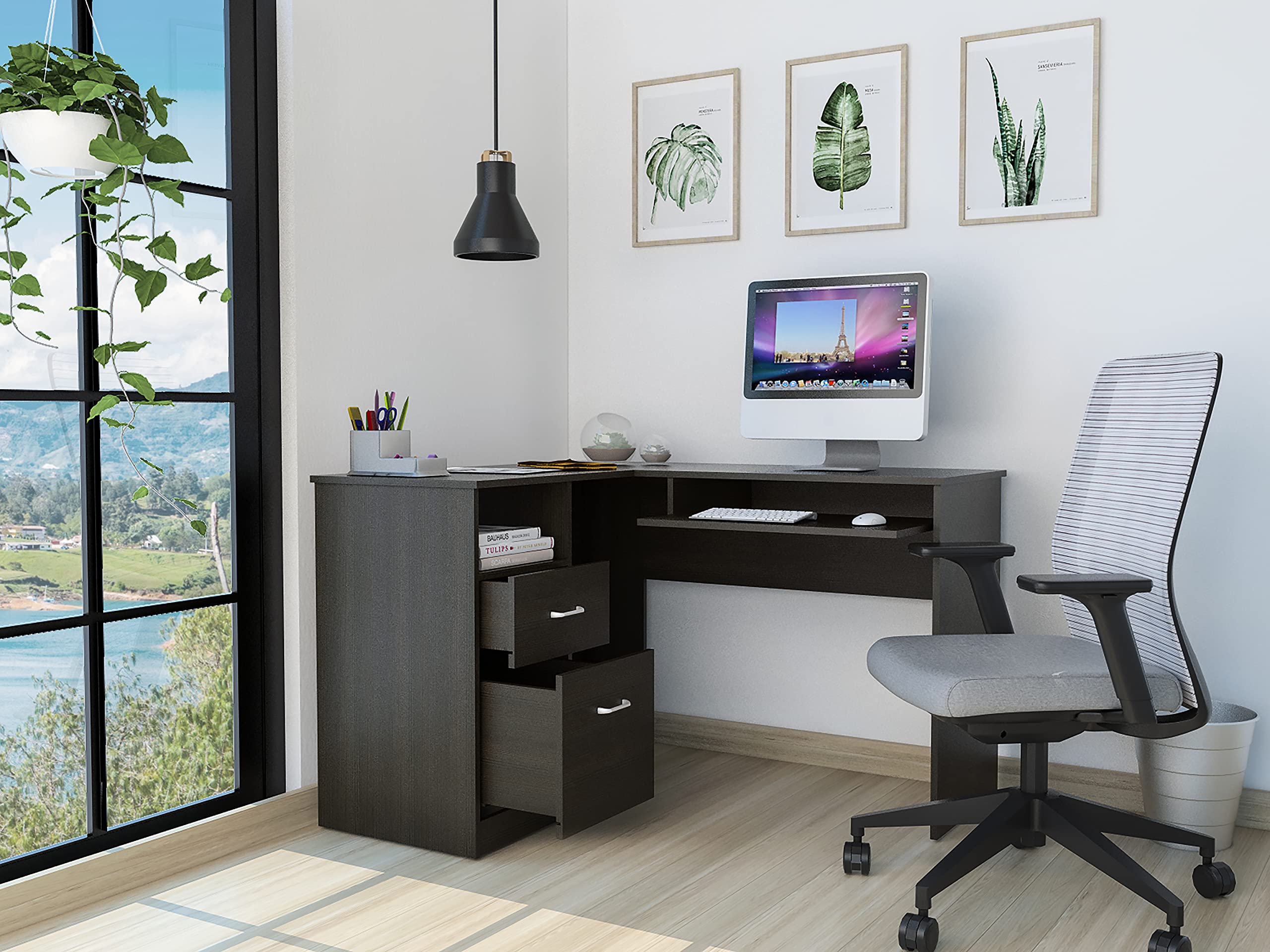 Modern L-Shaped Office Desk with 2 Drawers, Storage Shelf & Keyboard Tray - Black - Perfect for Home Office, Gaming Setup & Small Workspaces
