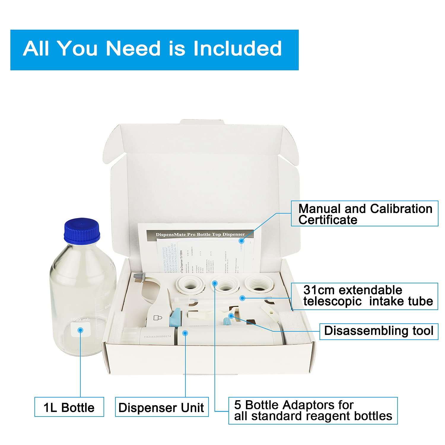 ONiLAB 1L Bottle Top Dispenser with Round Media Storage Bottle (1-10ml Adjustable) - Precise Liquid Dispensing for Laboratories, Science Experiments & Chemical Handling