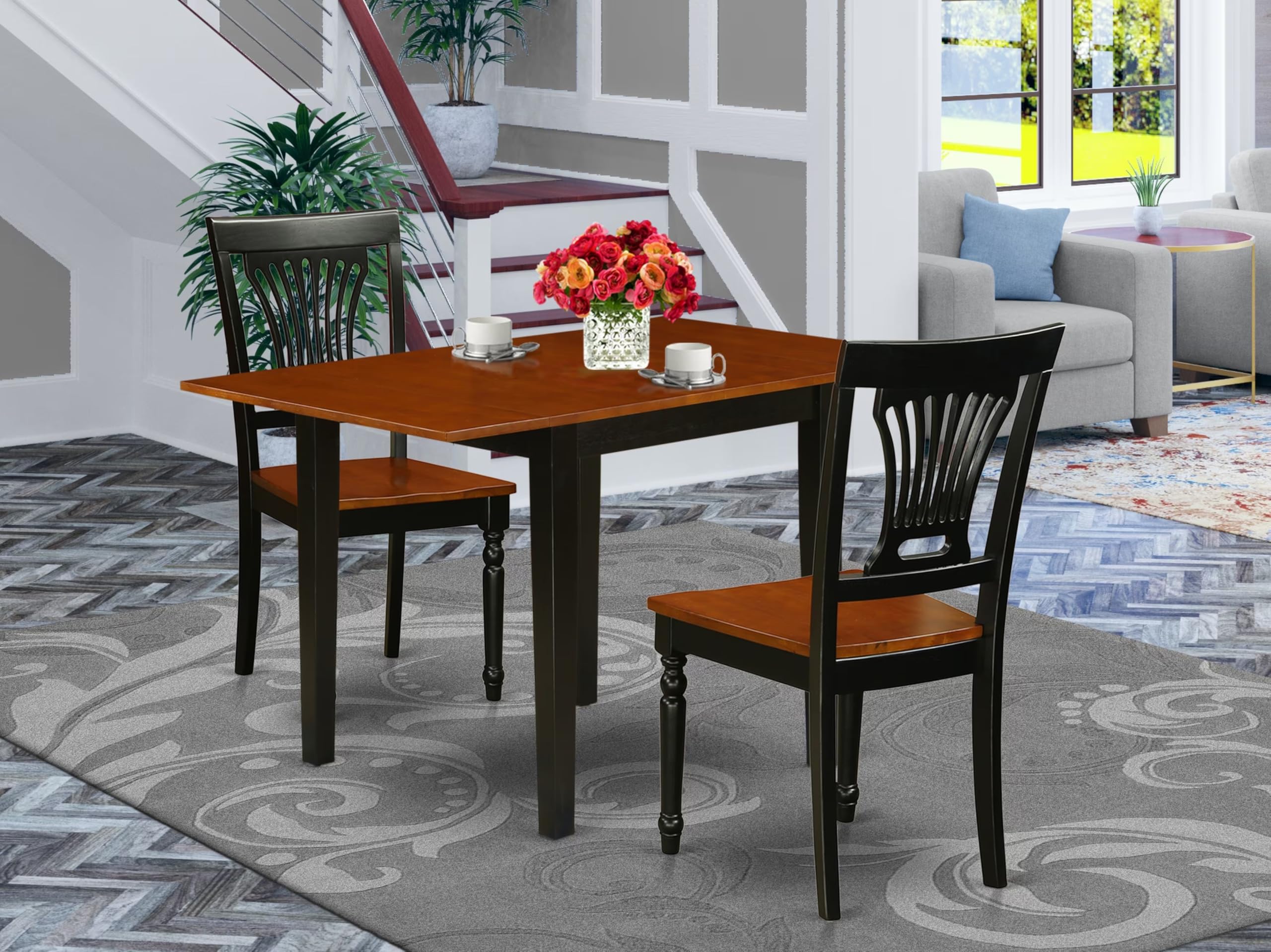 Modern 3-Piece Dining Table Set with Drop Leaf & 2 Chairs - 30x48 Inch Rectangle Wooden Table in Black & Cherry - Perfect for Small Kitchens, Apartments & Cozy Dining Spaces
