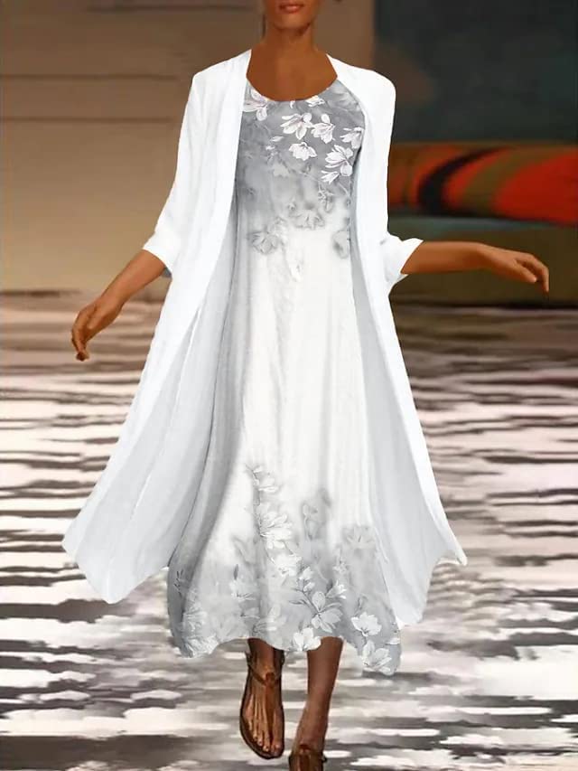 Floral Print Chiffon Dress with Sleeveless Cardigan 2-Piece Set - 3/4 Sleeve Irregular Hem Wedding Guest Dress for Women - Perfect for Summer Weddings, Garden Parties & Special Occasions