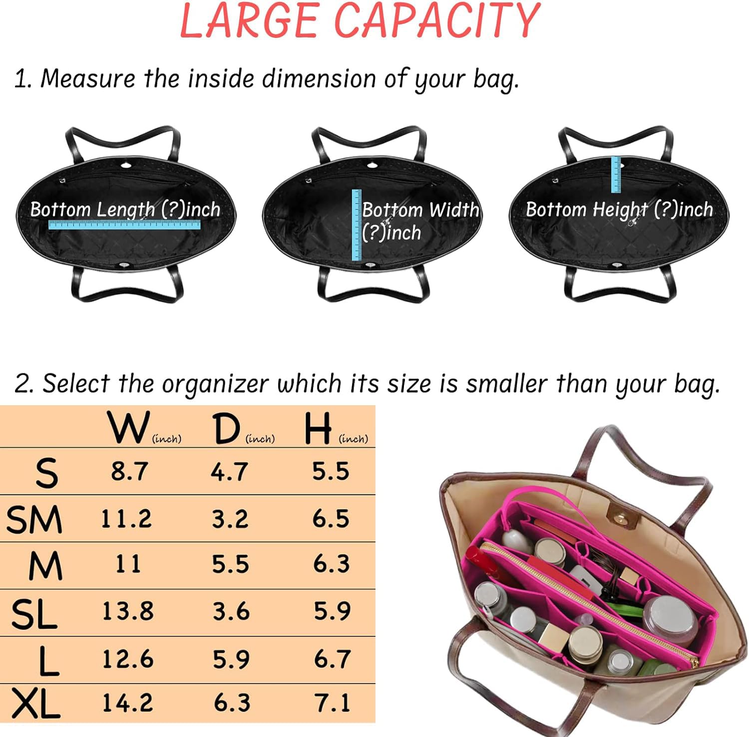 Premium Zippered Felt Purse Organizer Insert for Large Tote Bags - Rose Pink Color | Perfect for Handbag Storage, Travel Essentials & Everyday Organization
