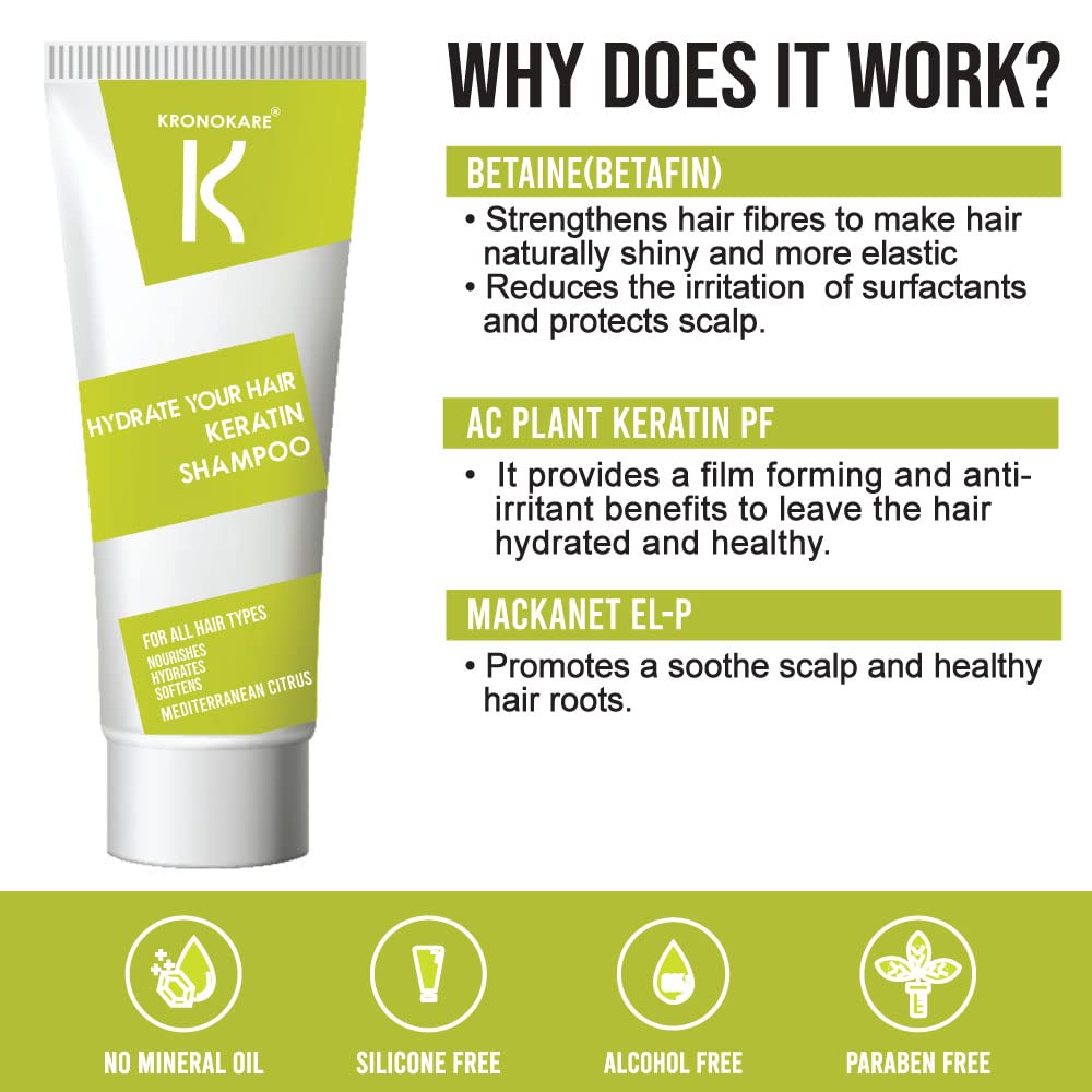 Kronokare Hydrating Keratin Shampoo with Rice Bran, Bergamot & Lemon - Vitamin E Enriched, Sulfate Paraben & Silicone Free (50g) - For Dry, Damaged Hair Repair & Daily Moisturizing