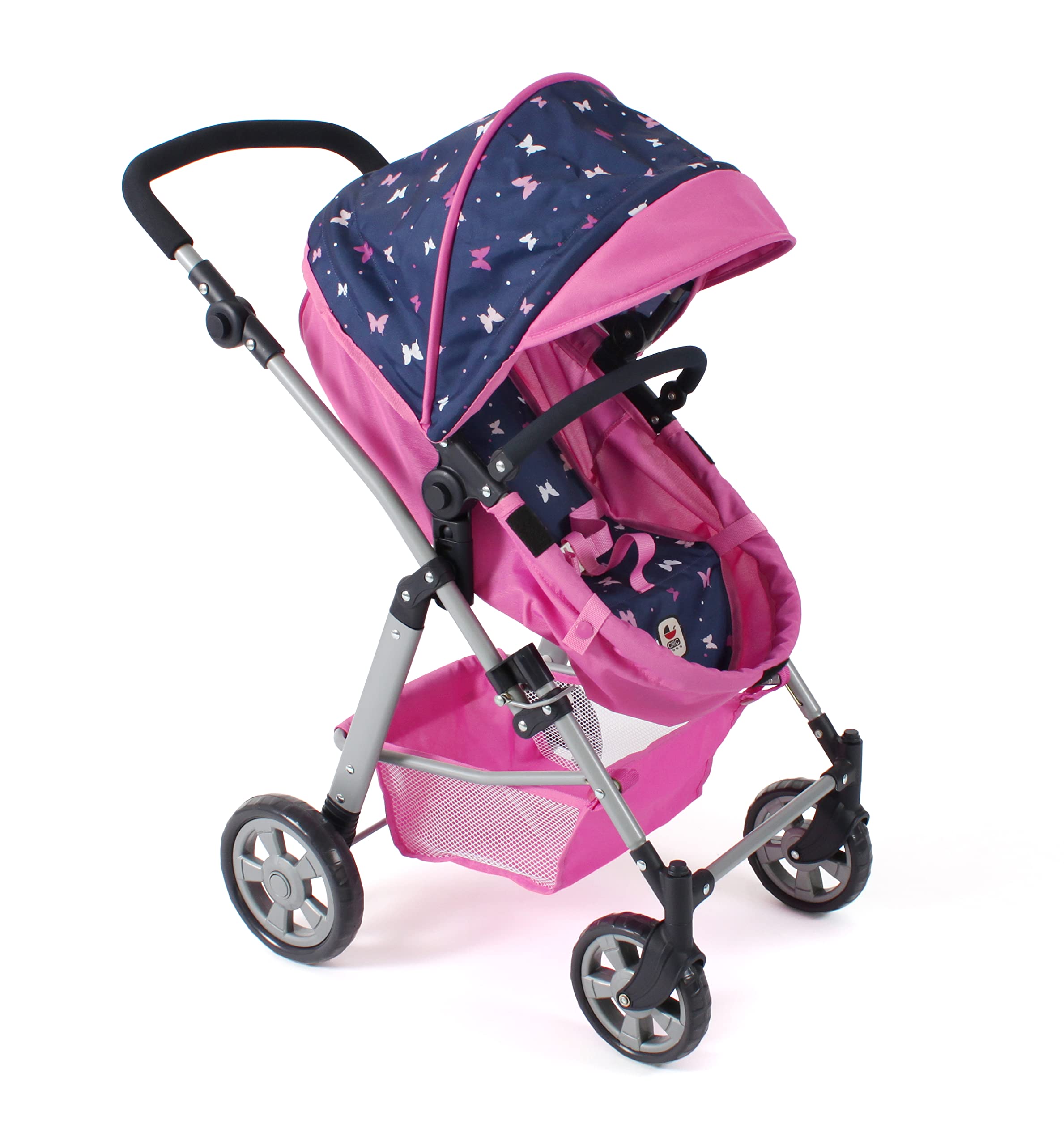 Bayer Chic 2000 - 2-in-1 Convertible Doll Stroller & Bathtub for Kids Ages 3-8, Baby Doll Carrier for Dolls Up to 50cm, Butterfly & Sea Pink Design - Perfect for Pretend Play, Role-Playing, and Outdoor Walks with Favorite Dolls