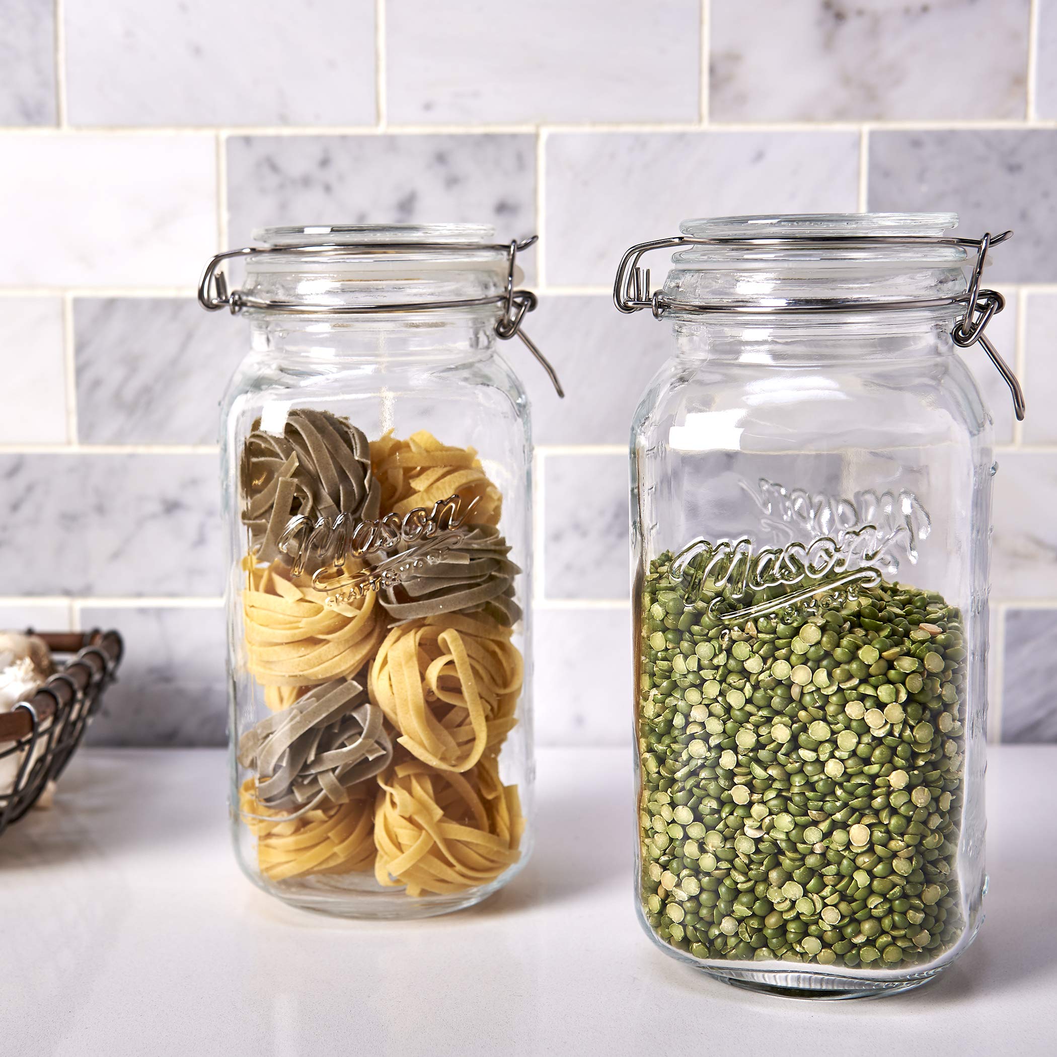 Mason Craft & More 67oz (2 Liter) Airtight Clear Glass Clamp Jar for Kitchen Food Storage - Perfect for Dry Goods, Spices, Coffee, Tea & Pantry Organization