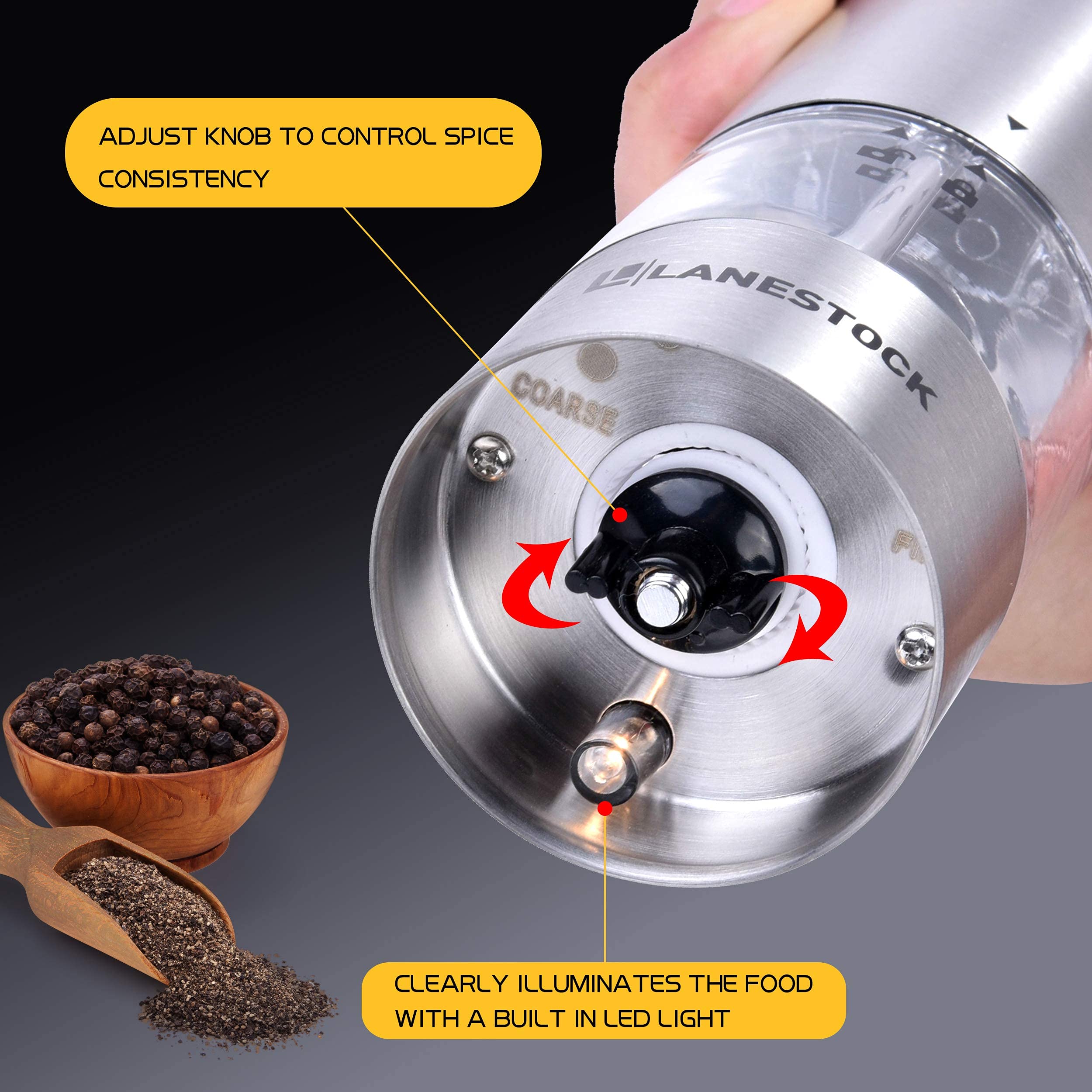 Premium Electric Salt and Pepper Grinder Set by Lanestock - Battery Operated Stainless Steel Spice Mills with Stand - Adjustable Coarseness & Built-in LED Light - Powerful Motor for Long-Lasting Performance - Perfect for Kitchen, Dining Table, and Restaurant Use