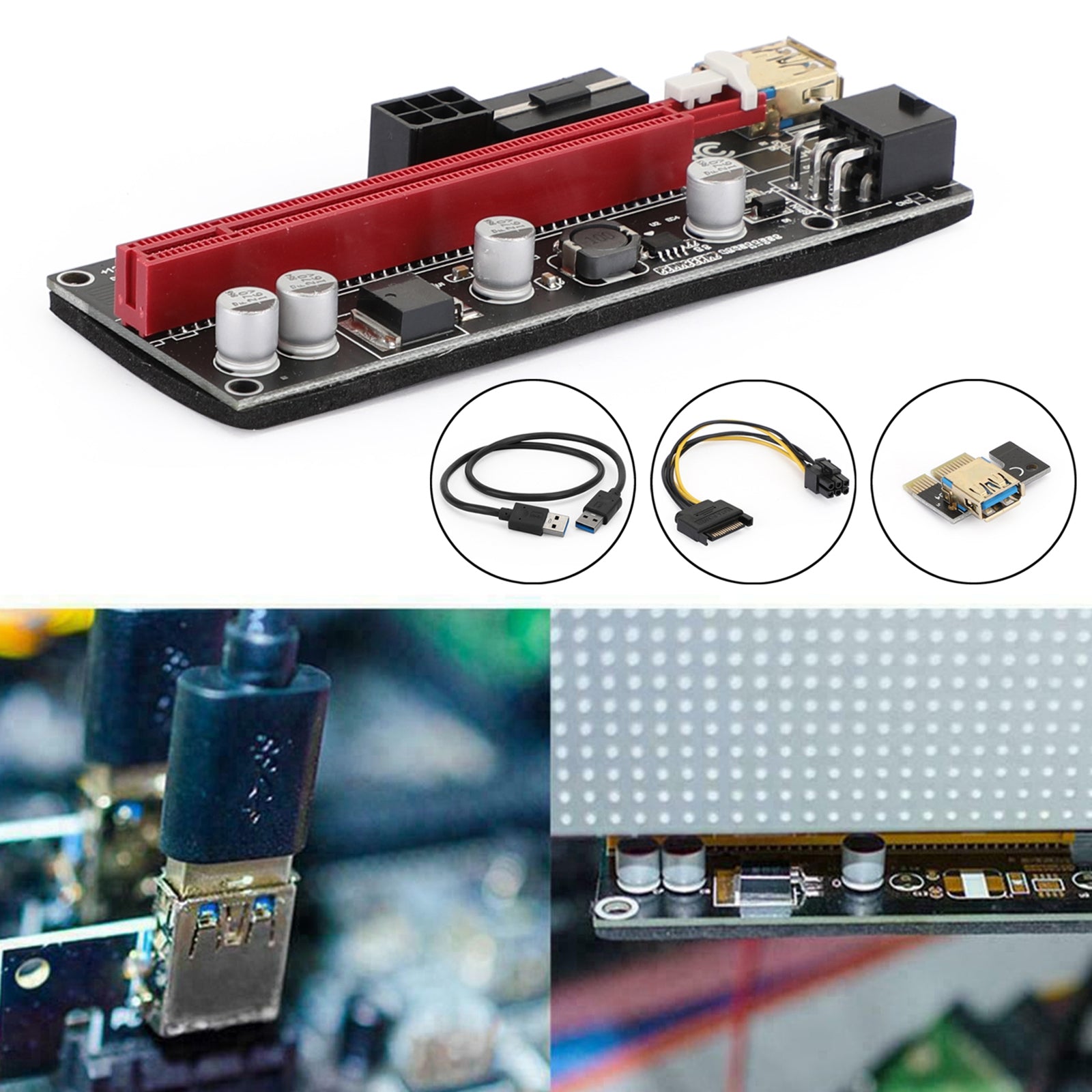 009S Plus PCIe Riser Card - PCI Express 1X to 16X Adapter with USB 3.0 Data Cable for Cryptocurrency Mining, GPU Expansion & PC Builds