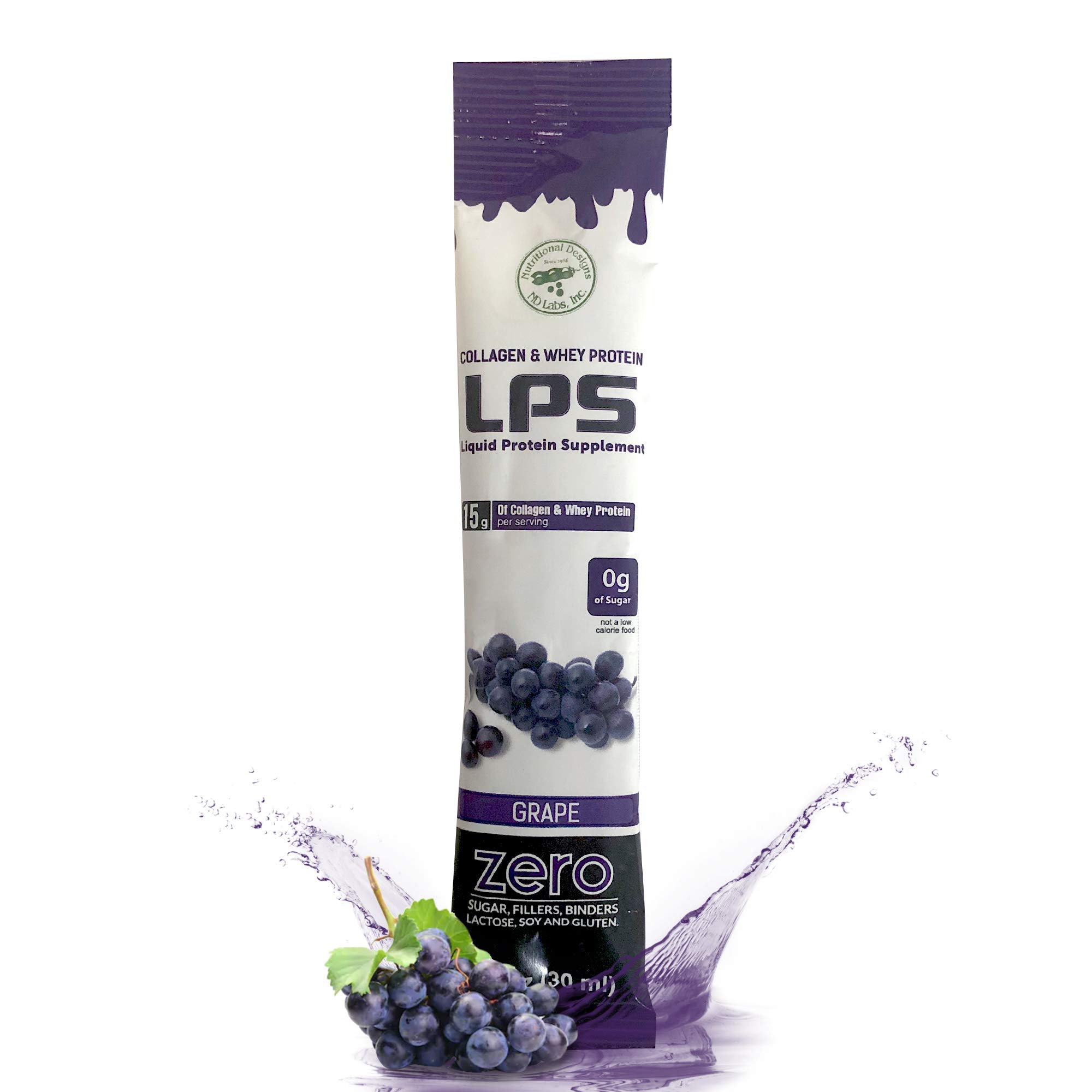 Nutritional Designs LPS Liquid Collagen & Whey Protein Supplement - Sugar-Free, Non-GMO Drink for Healthy Skin & Hair - Grape Flavor (100 Single-Serve Packets) | Perfect for Post-Workout Recovery & Daily Beauty Routine