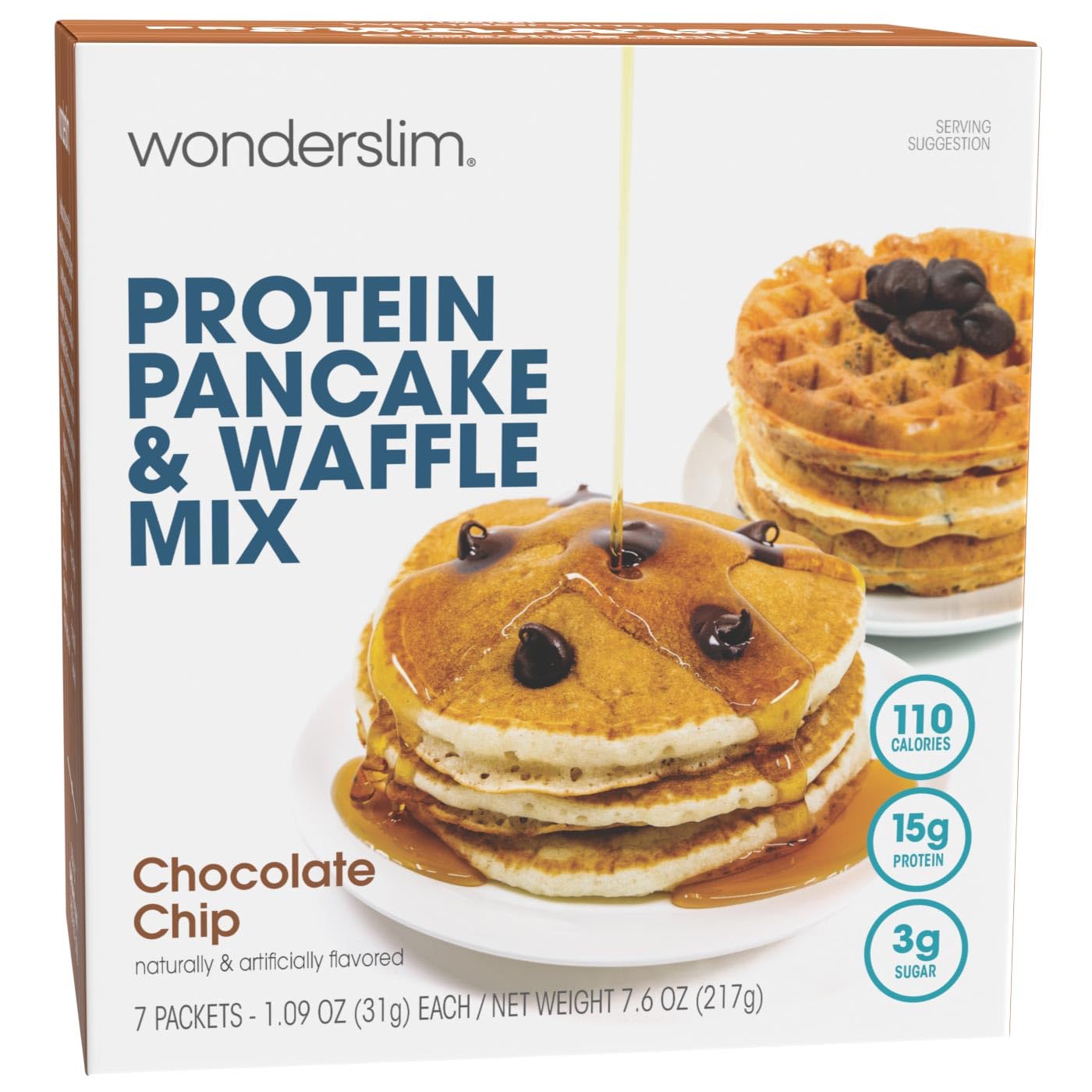 Wonderslim Protein Pancake & Waffle Mix - Chocolate Chip Flavor, Low Sugar, Low Calorie, High Protein (7 Pack) - Perfect for Keto Diet, Weight Loss & Healthy Breakfast