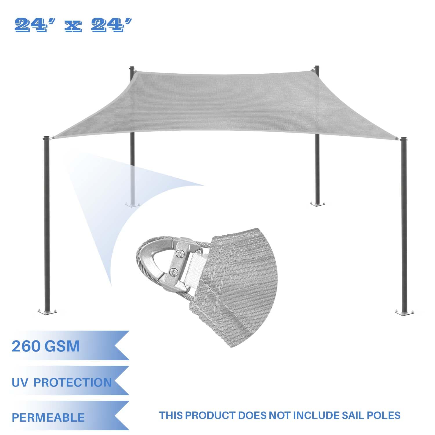 24'x24' Sun Shade Sail with Steel Cable - UV Block Canopy for Pergola, Patio & Backyard (Light Gray) - Outdoor Sun Protection