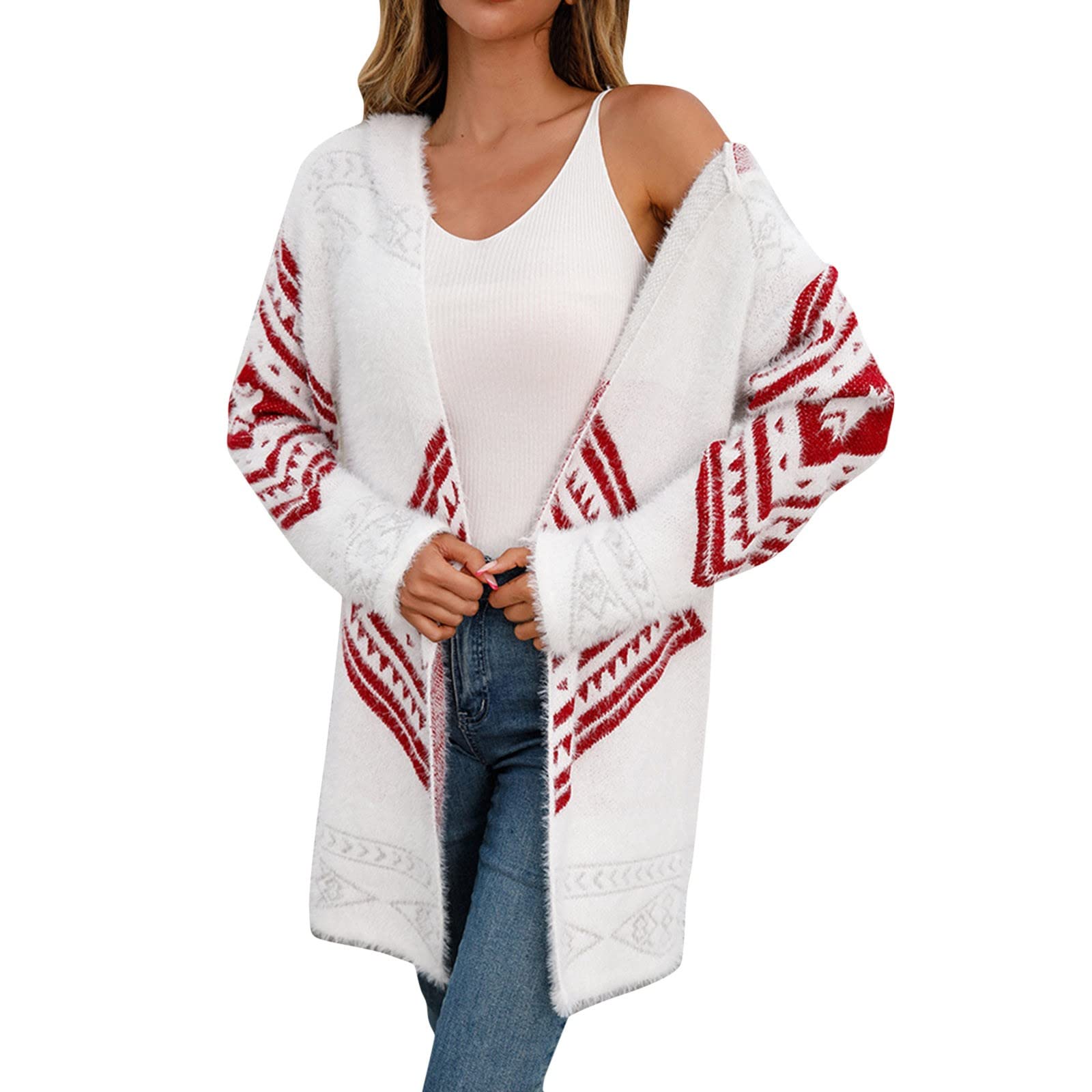 Plus Size Women's Winter Overcoat - Warm Printed Long Sleeve Open Front Cardigan with Hood | Cozy Outerwear for Cold Weather, Office Wear & Casual Outfits