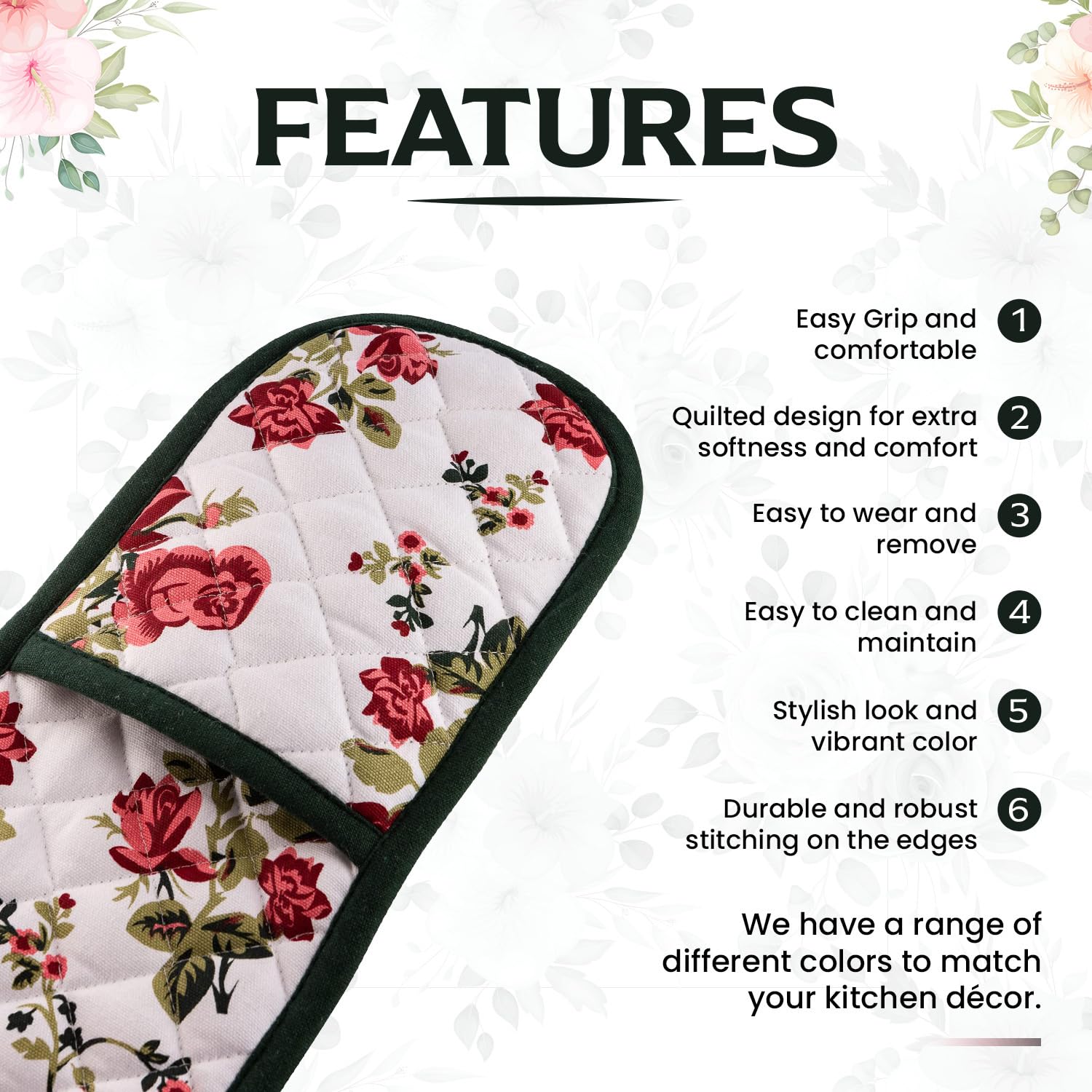 Heat Resistant Double Oven Mitts - Extra Long & Thick Quilted Cotton Gloves with Pretty Red Rose Pattern - Perfect for BBQ, Baking, Cooking & Kitchen Safety (1 Piece)