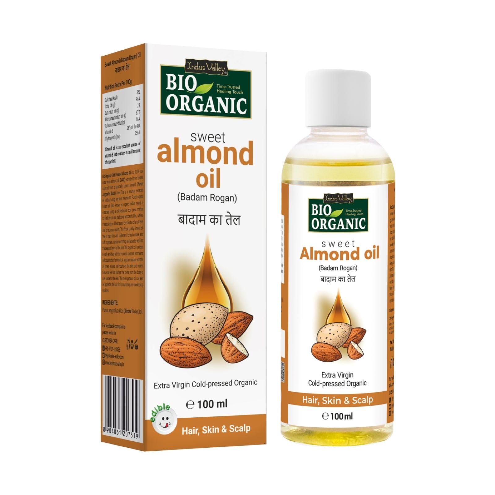 Organic Cold Pressed Almond Oil for Hair & Skin - 100% Pure INDUS VALLEY Roghan Badam Oil for Soft Shiny Hair, Glowing Skin & Baby Massage | Hair Damage Repair, Nourishing Treatment for Dry Scalp & Healthy Skin Care - 100ml | Perfect for Daily Hair Care, Skin Moisturizing & Infant Massage