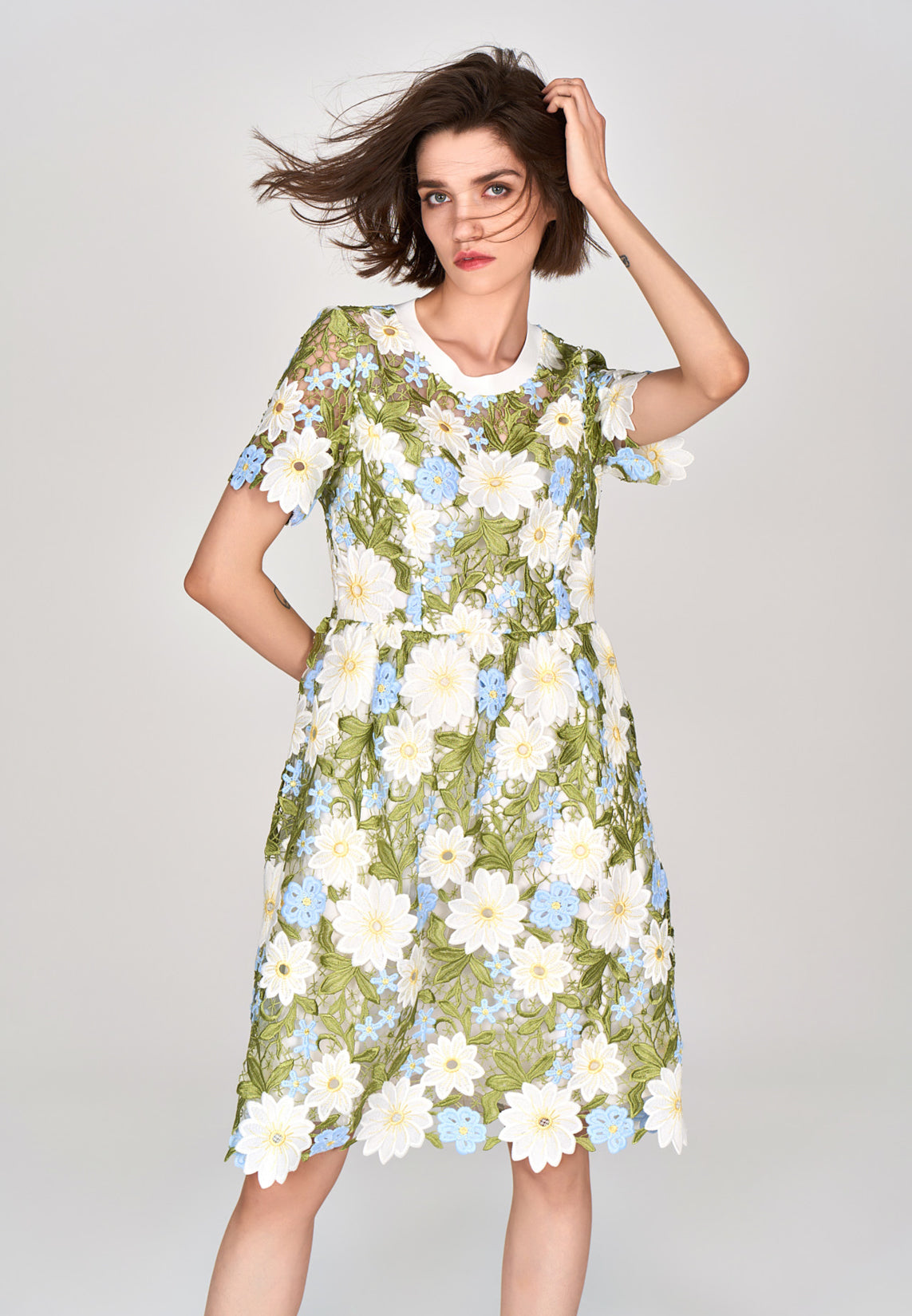 Elegant Green Floral Lace Midi Dress for Women - Summer Wedding Guest Dress, Garden Party Outfit, Date Night Attire
