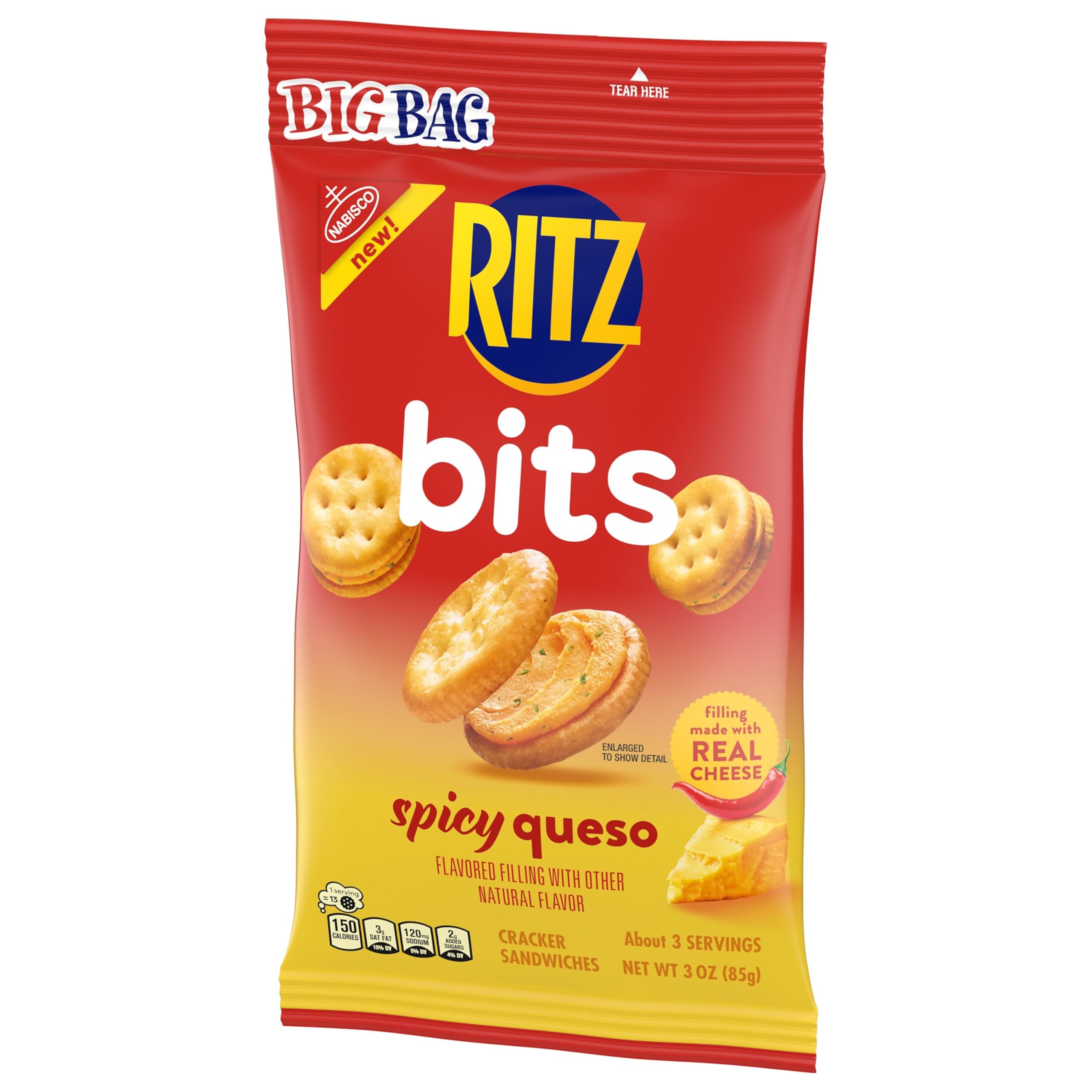Spicy Queso Sandwich Crackers | RITZ Bits Bulk Snacks for Kids & Adults | 12 Pack (3 oz Bags) | Perfect for School Lunch, Office Snacks & On-the-Go Munching