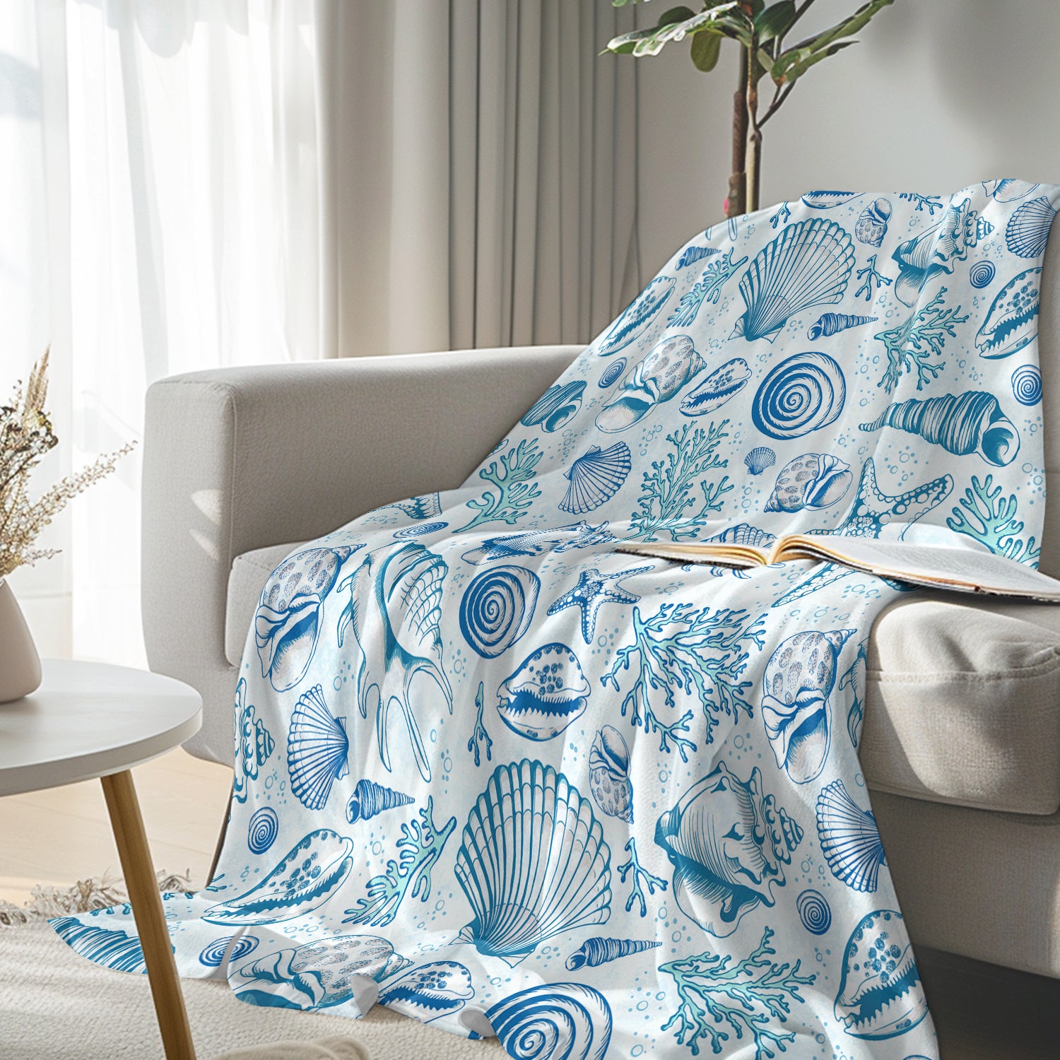 Soft Blue Seashells Flannel Fleece Blanket - Cozy Warm Throw for Bed, Couch & Outdoor Use - Perfect for Home Decor, Gifts and Picnics