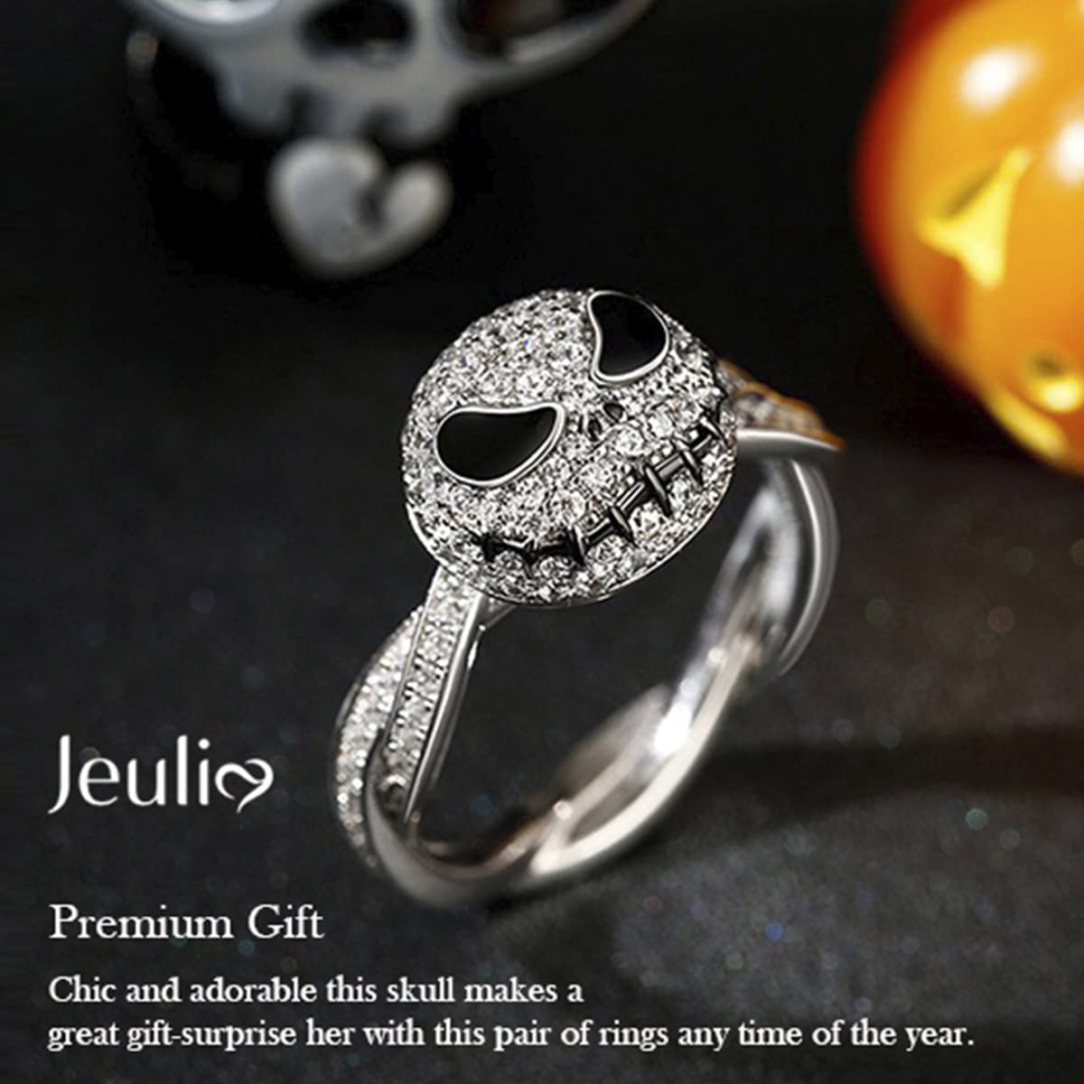 Jeulia Jack Skellington Sterling Silver Rotating Skull Ring - Nightmare Before Christmas Inspired Jewelry for Women & Men | Diamond Solitaire Engagement, Anniversary Gift | Perfect for Halloween, Cosplay & Disney Fans