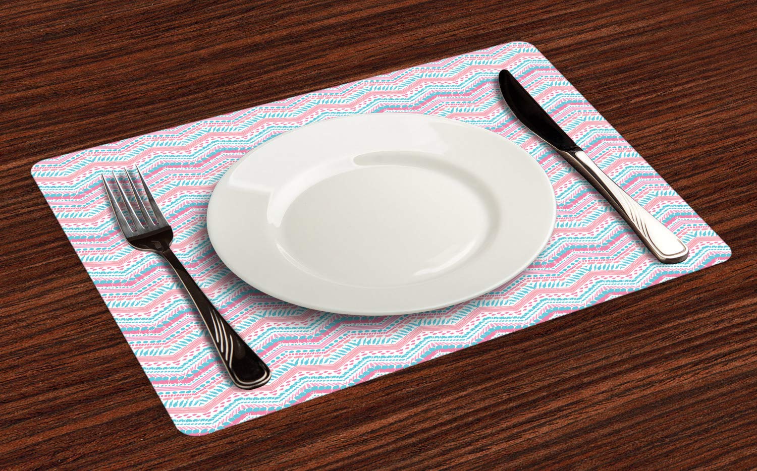 Ambesonne 4-Pack Geometric Placemats Set - Grungy Brush Stroke Dots & Chevron Zigzag Stripes Pattern - Washable Fabric Table Mats for Dining Room & Kitchen Decor in Pale Pink Aqua - Perfect for Dinner Parties, Holiday Gatherings & Everyday Meals