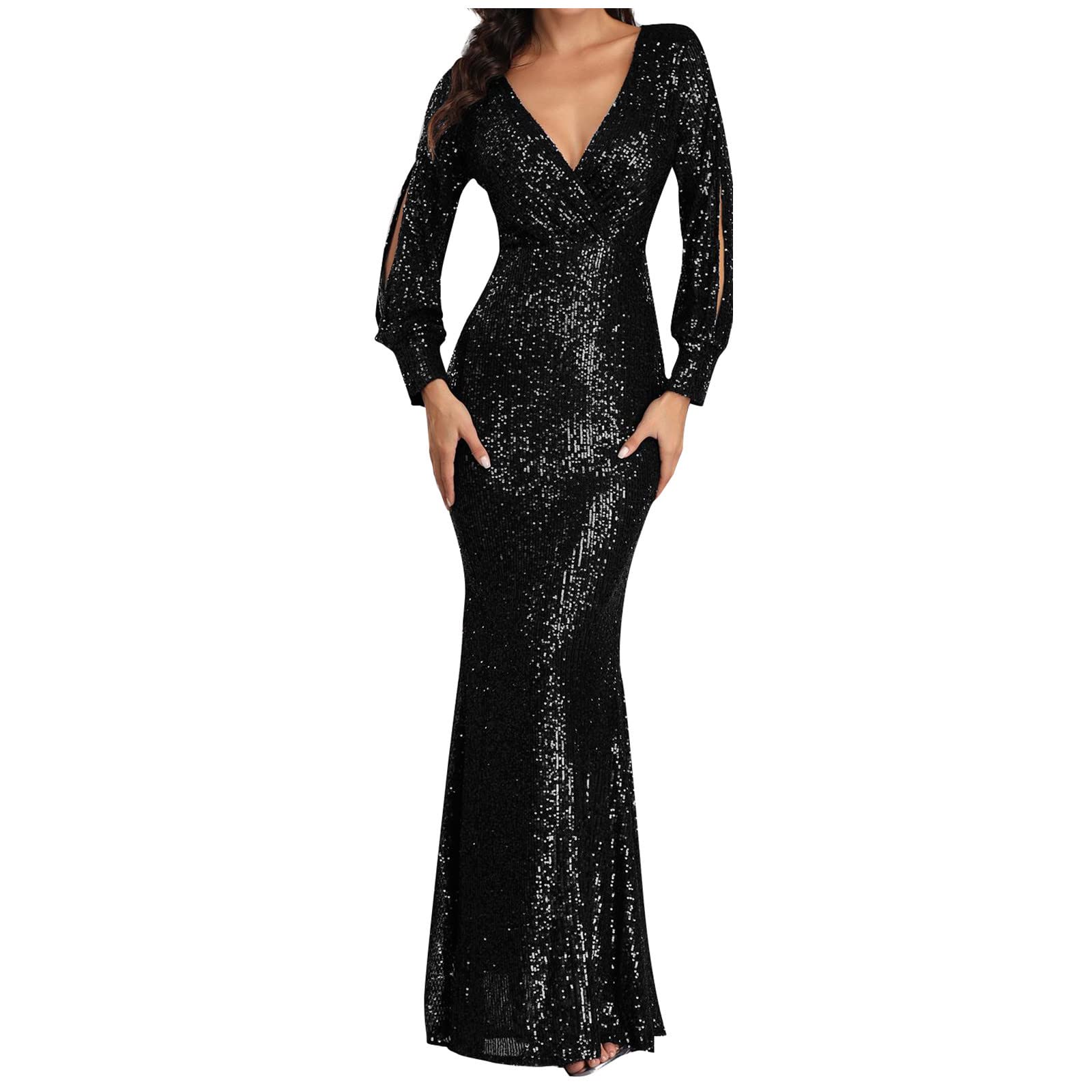 Elegant Halter Neck Mermaid Evening Dress for Women - Slim Fit V-Neck Sequin Sleeve Long Gown for Summer Parties, Prom, Cocktail & Formal Events