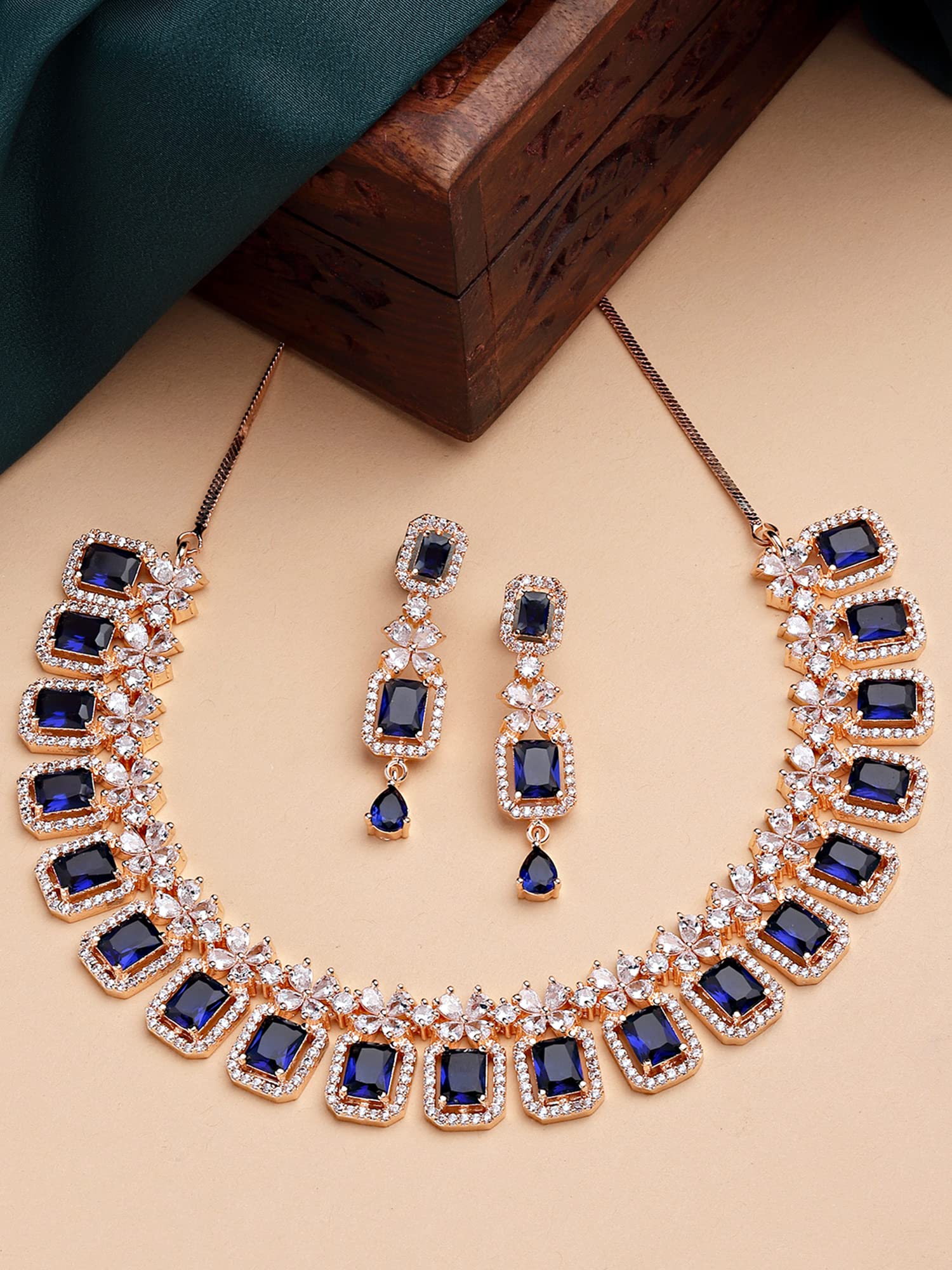 Rose Gold Plated Blue AD Necklace Set for Women - Elegant Jewelry Gift for Her, Birthday, Anniversary & Special Occasions