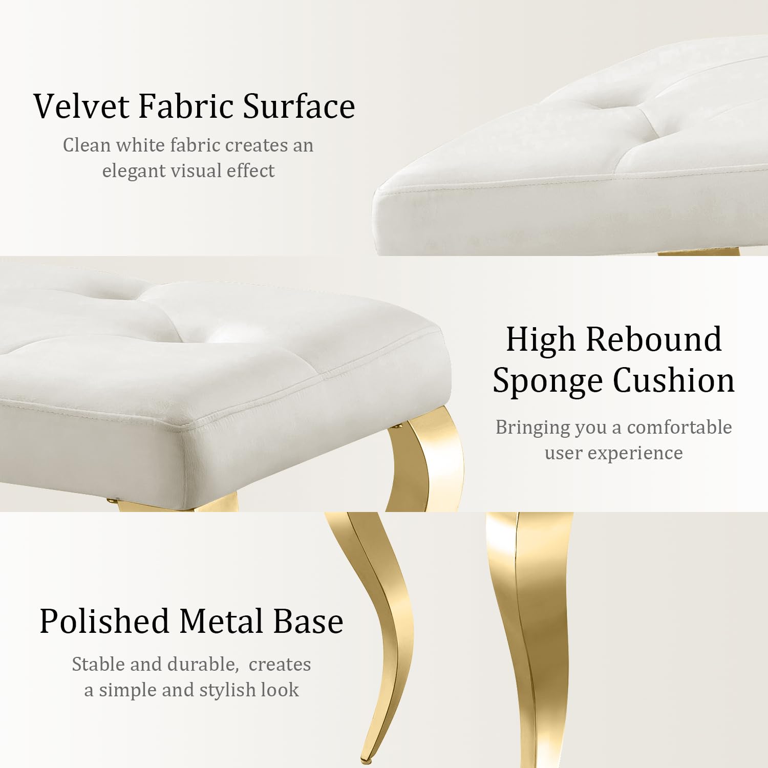 AUZ Beige Velvet Bench with Button Tufted Upholstery and Gold Cabriole Legs, White and Gold Upholstered Dining Table Bench for Kitchen, Bedroom, Entryway, and Living Room Decor