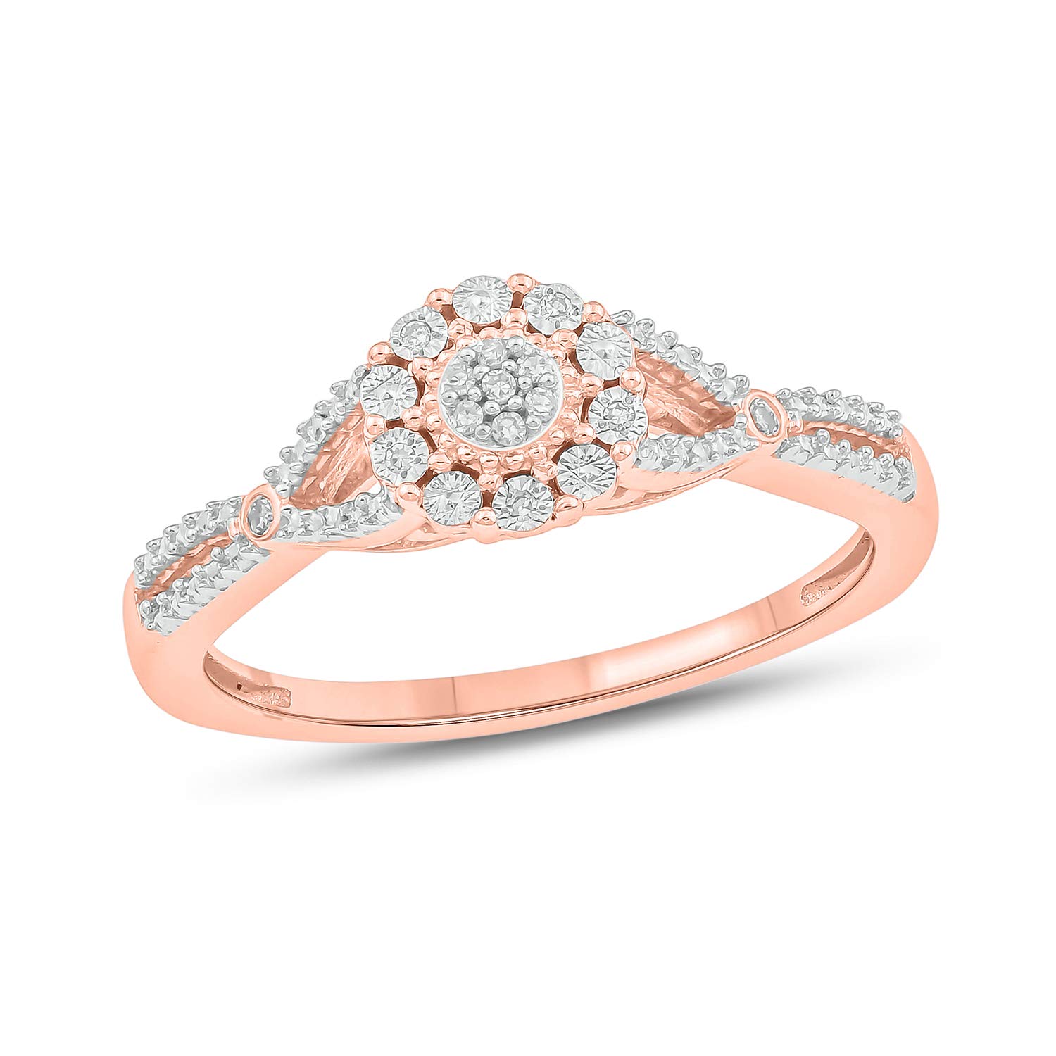 1/20cttw Diamond Cluster Promise Ring for Women - 925 Sterling Silver, Yellow Gold-Plated or Rose Gold-Plated - Round White Diamond Halo Floral Engagement Ring - Perfect for Anniversaries, Proposals & Special Occasions
