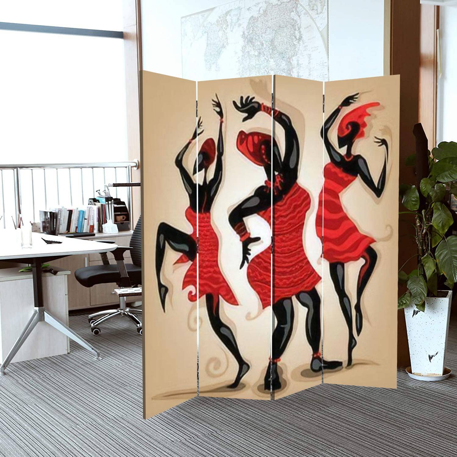African Dancers Canvas Room Divider - 4 Panel Folding Privacy Screen for Home & Office - Temporary Wall Partition for Bedroom, Living Room, Studio & Events