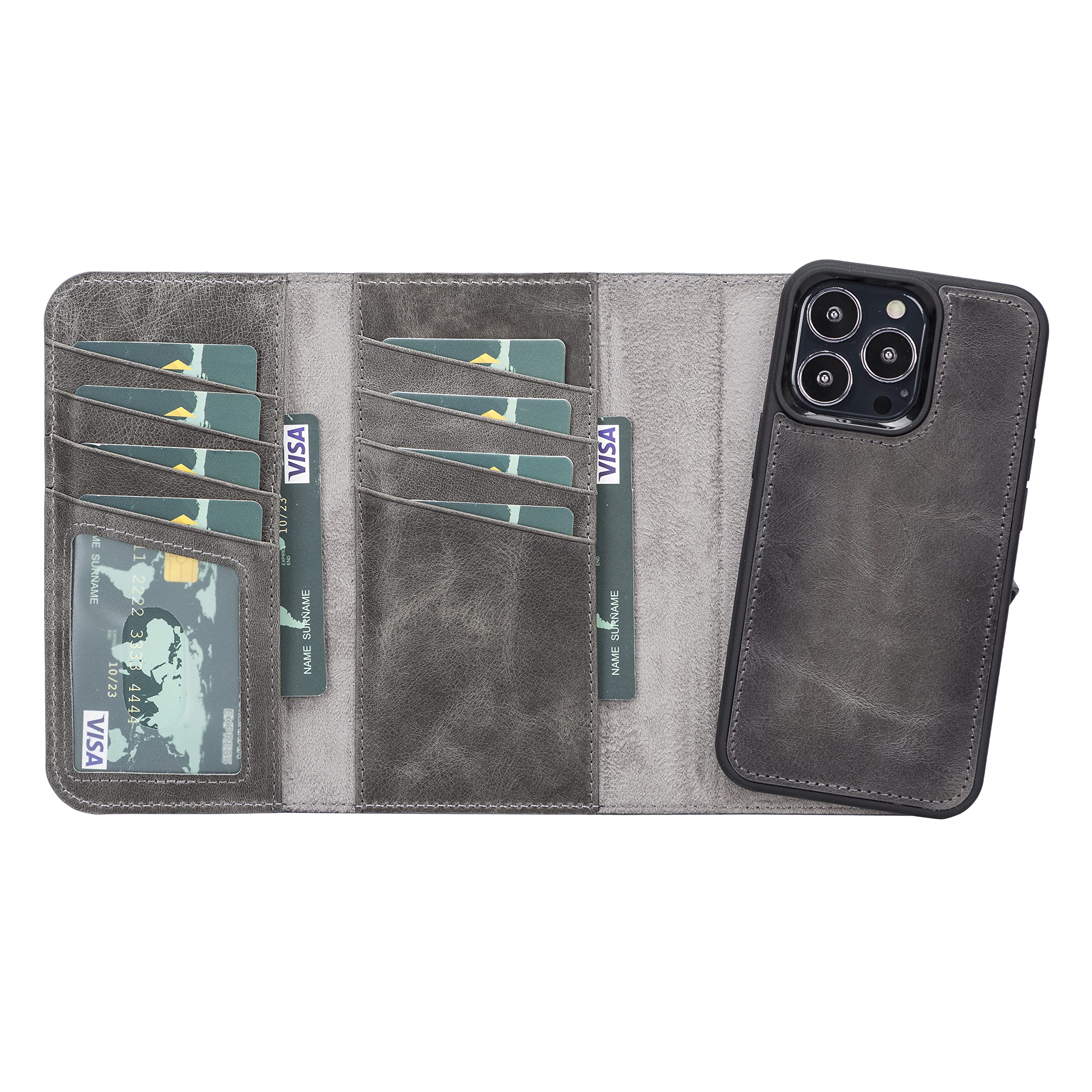 Bayelon iPhone 13 Pro Case - Premium Full Grain Leather Trifold Wallet Cover with Magnetic Detachable Phone Holder, Card Slots & Kickstand | Magsafe Compatible Protective Case for iPhone 13 Pro (Smoked Black) - Perfect for Business Travel, Daily Commute & Hands-Free Viewing
