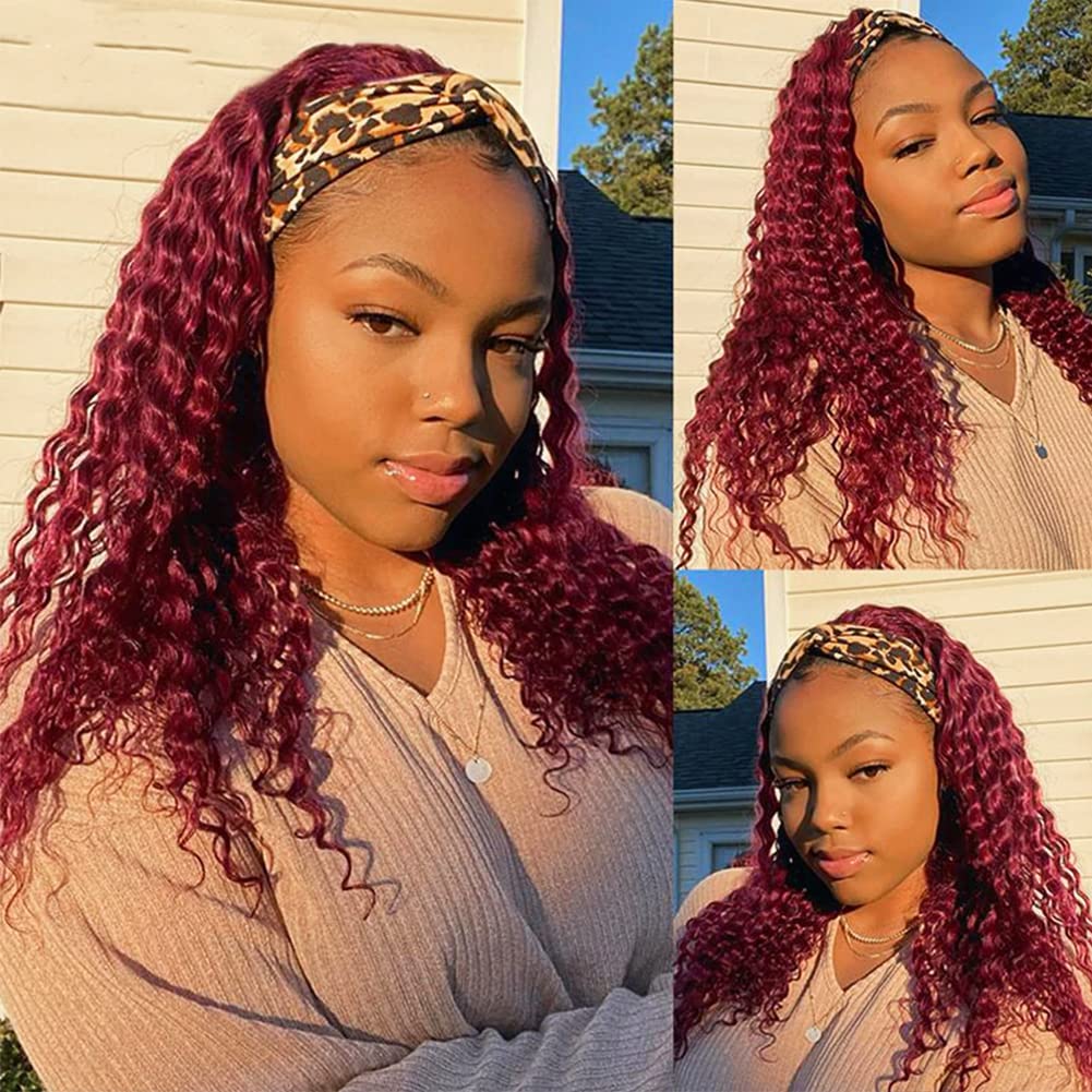 Eooma 22 Inch Brazilian Kinky Curly Human Hair Headband Wig for Black Women - 10A 180% Density #99J Burgundy Remy Hair - No Glue No Gel Scarf Wig for Daily Wear, Parties & Special Occasions