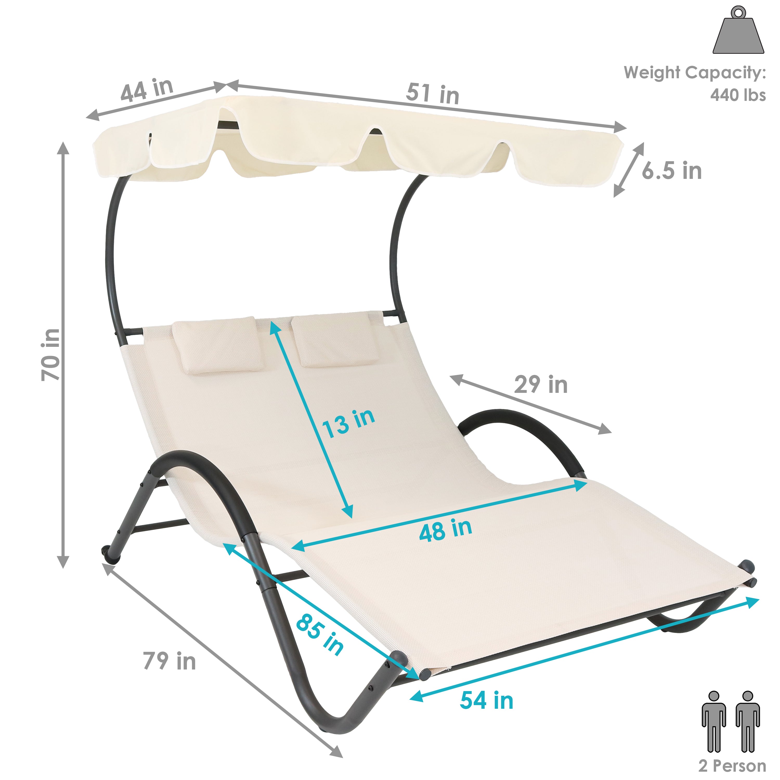 Sunnydaze Double Chaise Lounge with Canopy & Headrest Pillow - Beige Outdoor Patio Furniture for Poolside, Garden, or Backyard Relaxation