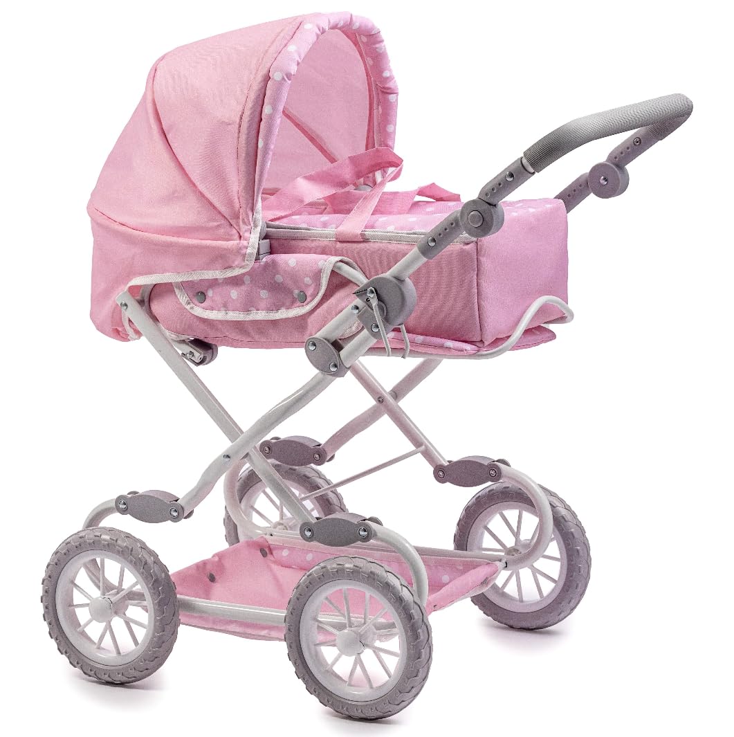 JC Toys Berenguer Boutique Deluxe Pink Foldable Baby Doll Stroller with Canopy & Removable Carry Basket - Perfect for Pretend Play, Role Play, and Gift for Girls Ages 3+ | Indoor & Outdoor Doll Accessories