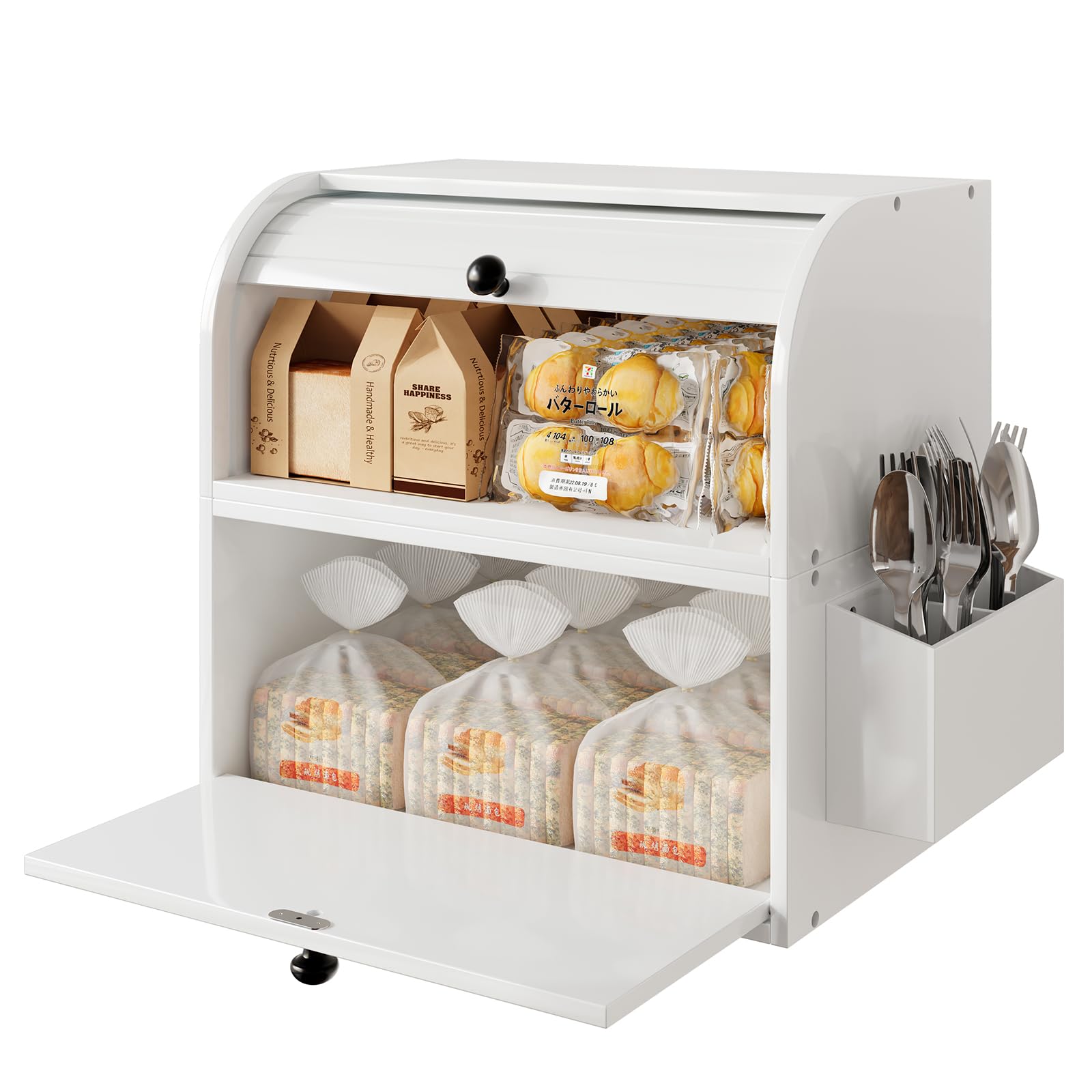TQVAI Double Layer Bamboo Bread Storage Box with Silverware Holder for Kitchen Countertop - Easy Assembly, White | Perfect for Storing Bread, Pastries, and Utensils in Modern Kitchens