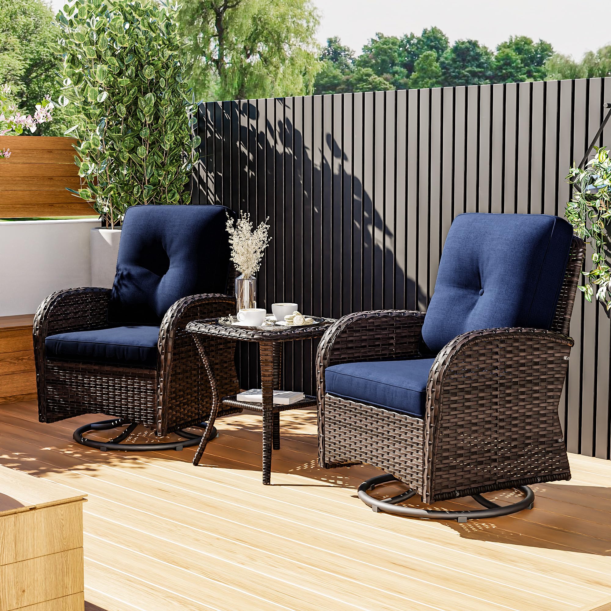 Joyside 3-Piece Patio Swivel Rocking Chair Set - 2 Wicker Swivel Rockers with Side Table, Outdoor Furniture for Porch, Deck & Garden (Brown/Blue) - Perfect for Relaxing, Entertaining & Sunbathing
