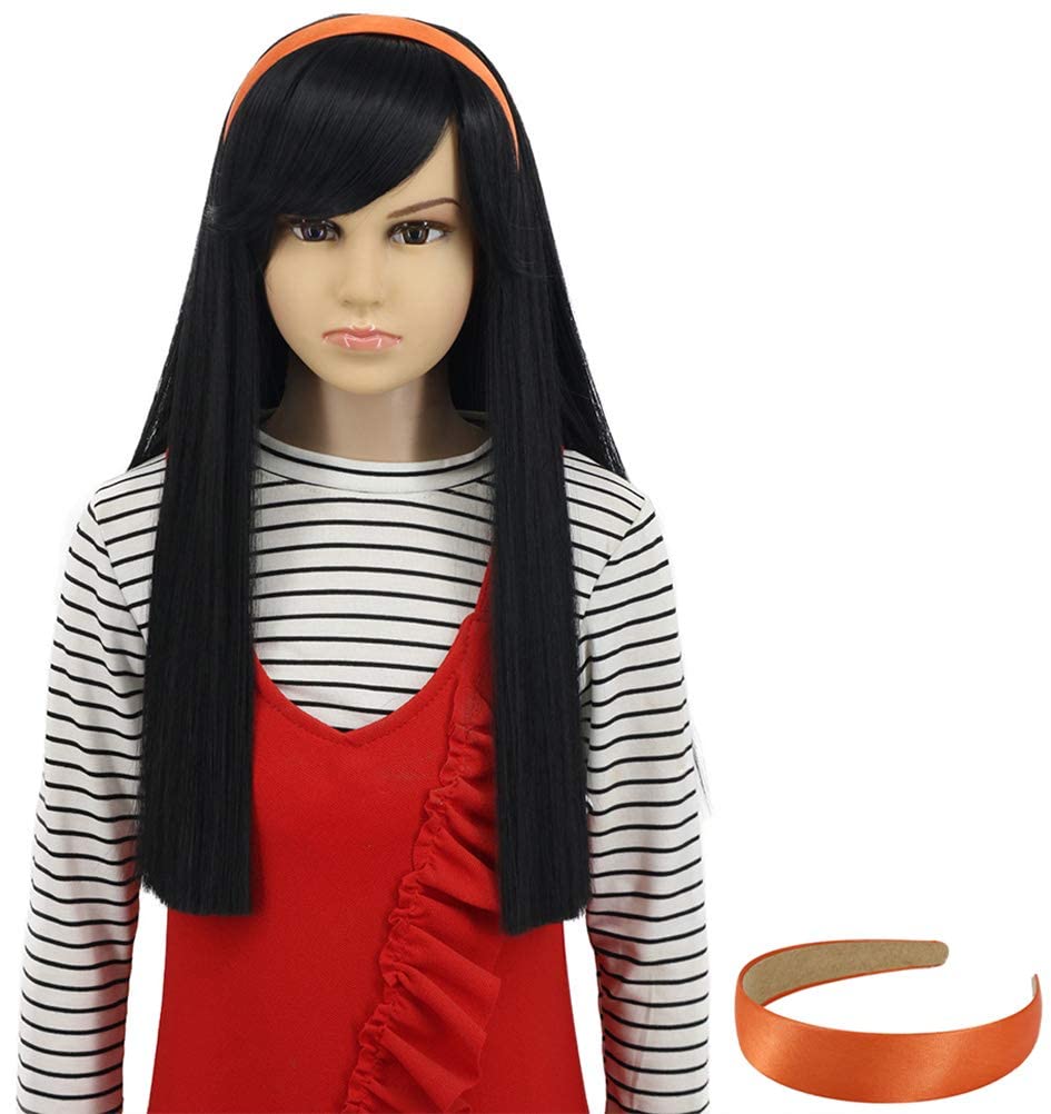 Kids Girls Long Straight Black Wig for Halloween Cosplay | Anime Costume Party Wig with Free Orange Headband & Wig Cap | Perfect for Dress-Up, Role Play & Themed Events